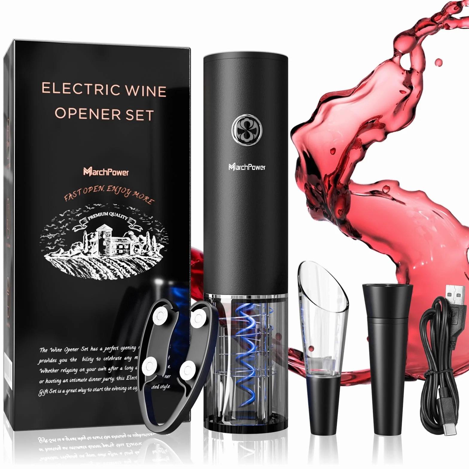 Marchpower Elektryczny Otwieracz do Wina, Ładowany USB-C, Zestaw z Korkociągiem i Kapslem, Czarny