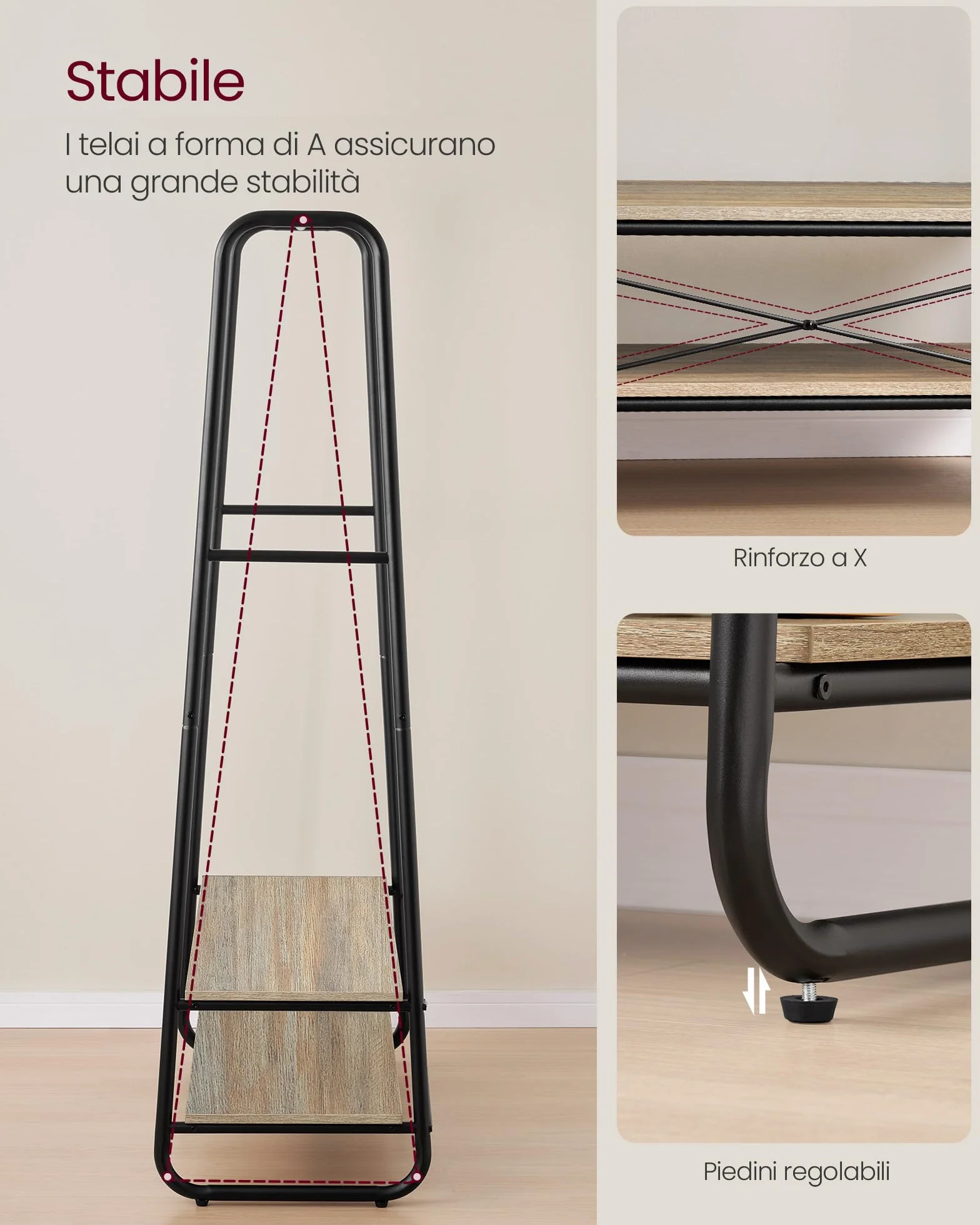VASAGLE Stand Appendiabiti da Terra 45 x 100 x 160 cm Acciaio 6 Ganci Marrone Turchese Nero Opaco