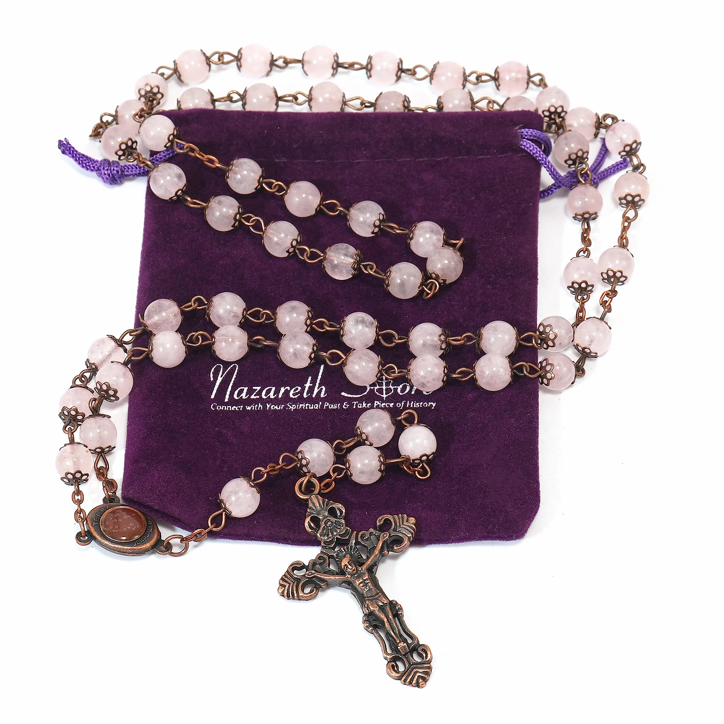 Nazareth Store Collana rosario con perline in pietra naturale Design in rame antico Medaglia del suolo sacro e croce in sacchetto di velluto - Rosari cattolici Terra Santa Gerusalemme