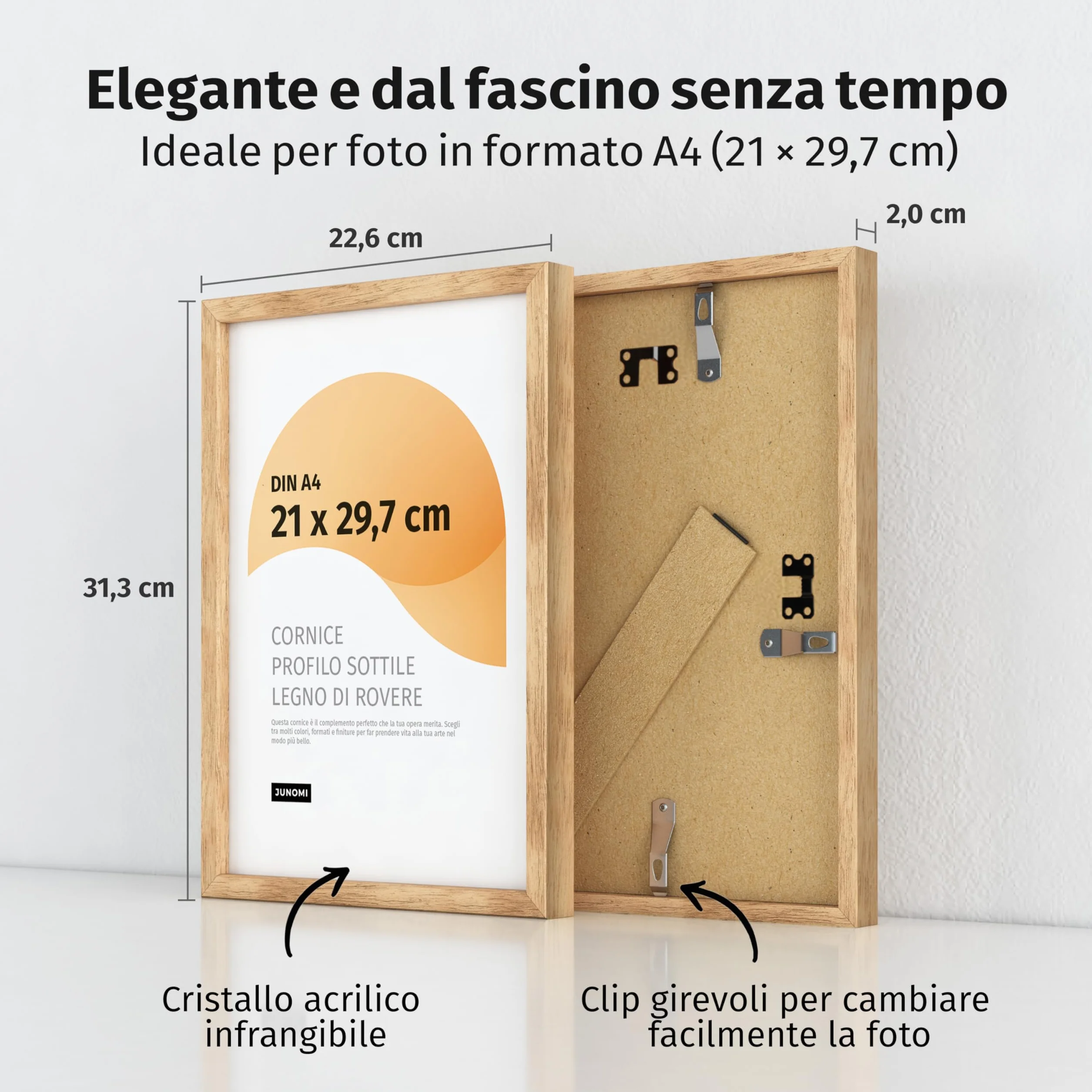 Cornice portafoto di alta qualità, in rovere DIN A4 (21 x 29,7 cm), in vero legno di quercia con vetro acrilico infrangibile