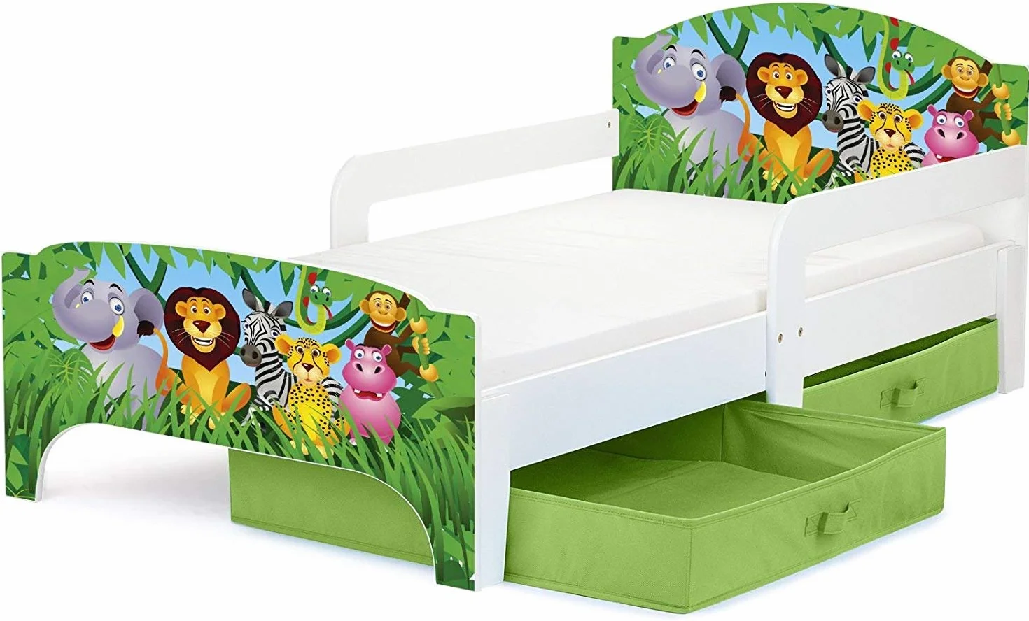 Leomark Letto per Bambini in Legno 140x70 cm SMART con Cassetto, Materasso e Telaio, Stampa Animali Selvaggi