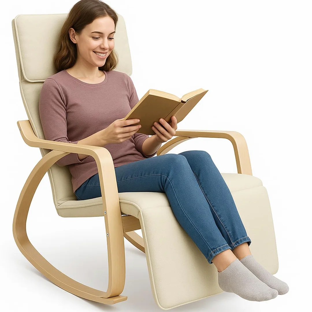 BAKAJI Sedia a Dondolo in Legno di Betulla con Rivestimento in Cotone Imbottito in Spugna Altissima Densità, Oscillante Relax con Poggiapiedi Regolabile e Cuscino, (Beige)