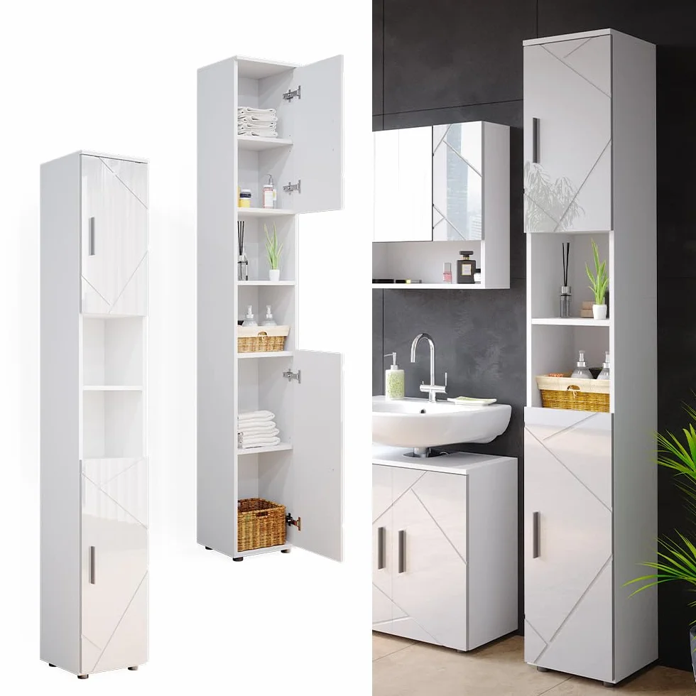 Vicco Mobile bagno alto Irma, Bianco lucido, 30 x 192 cm, per la conservazione di accessori da bagno e compatibile con la serie Irma