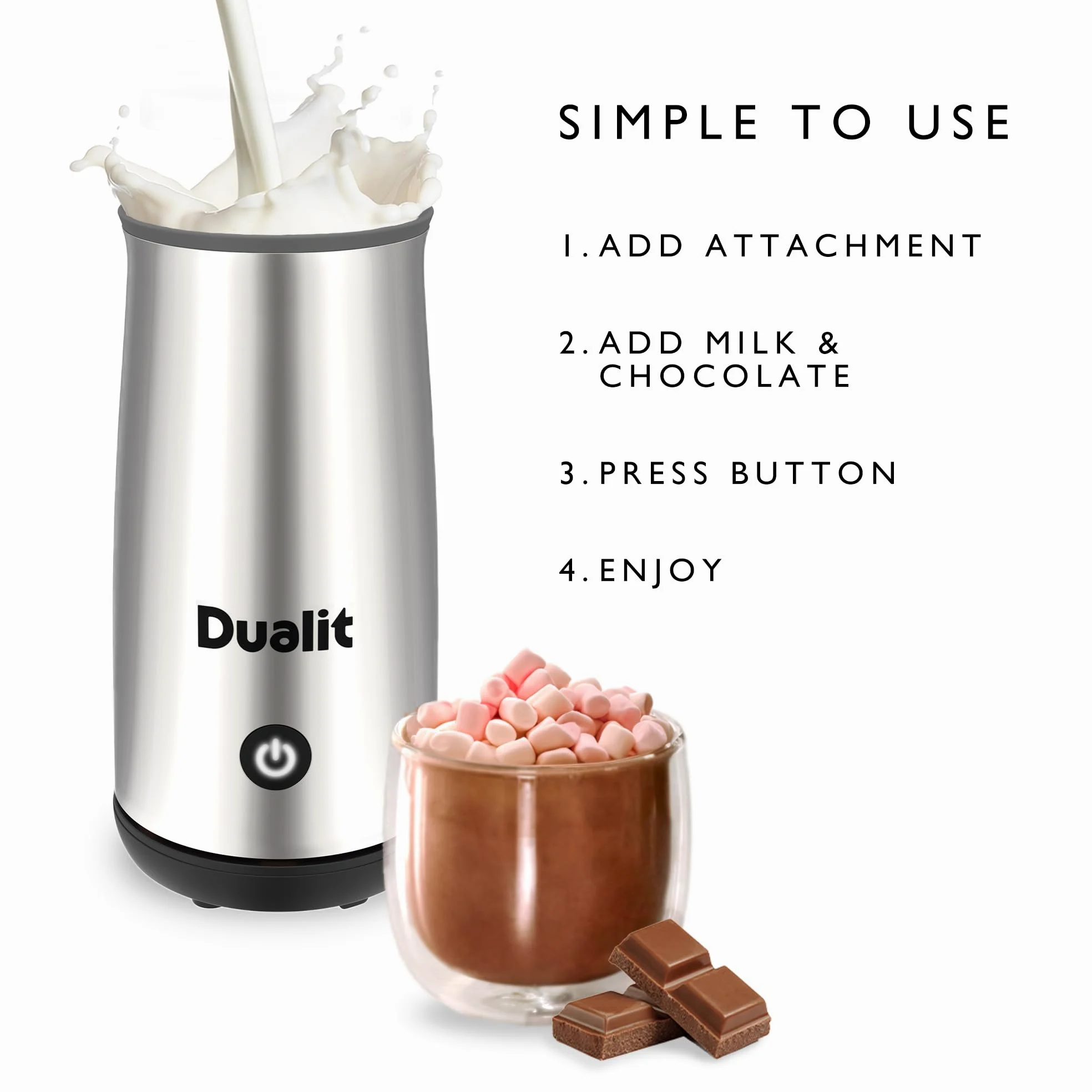 Dualit Macchina per cioccolata calda e montalatte - Capacità 250 ml - Polvere, bottoni e cioccolato grattugiato - Vellutata in 3 minuti - Caraffa senza fili - Cromato