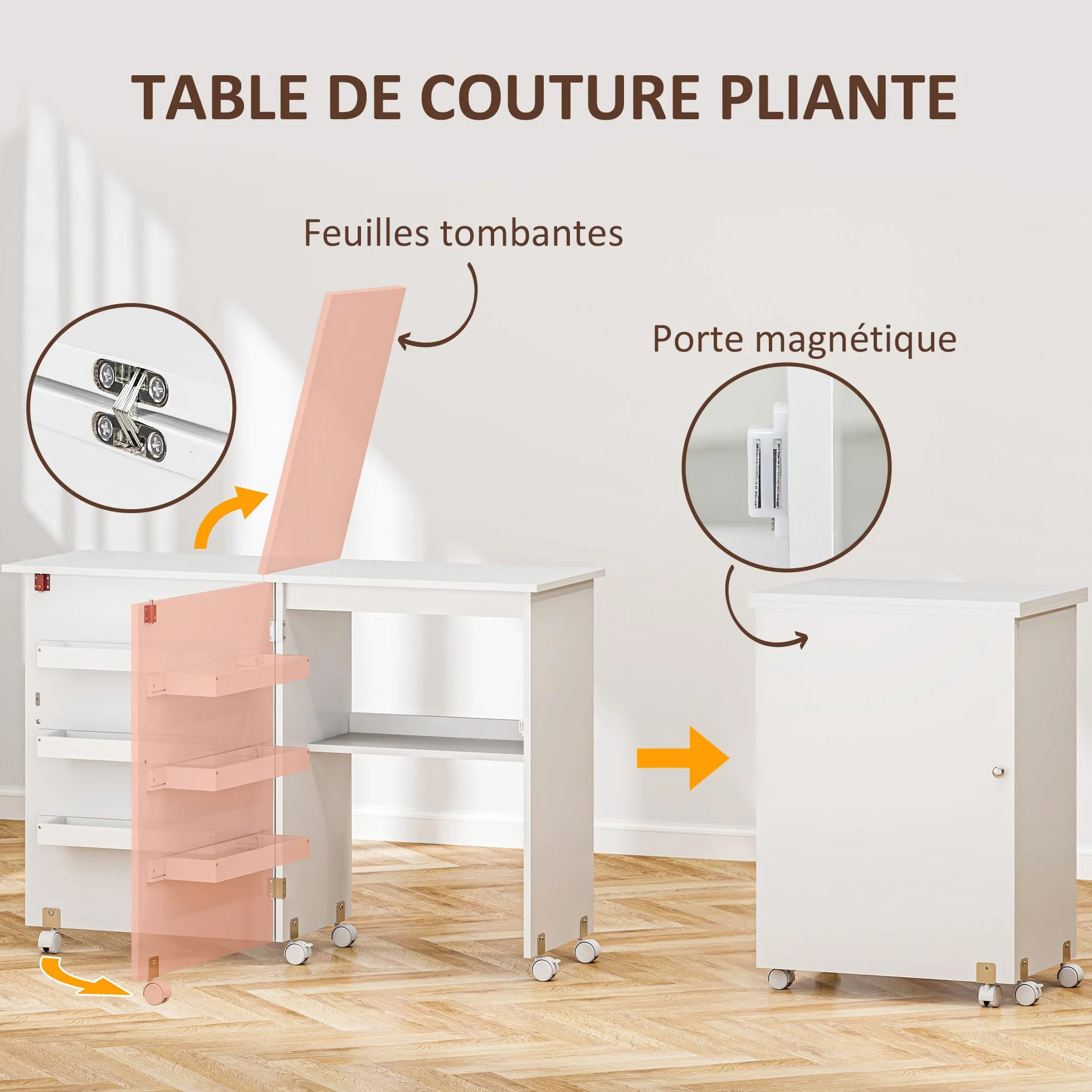 HOMCOM Tavolo da cucito pieghevole Armadio da cucito pieghevole con scomparti, ripiano aperto e rotelle, mobile per macchine da cucire, per soggiorno, ufficio, studio, dim. 118 x 40 x 79,5 cm, bianco