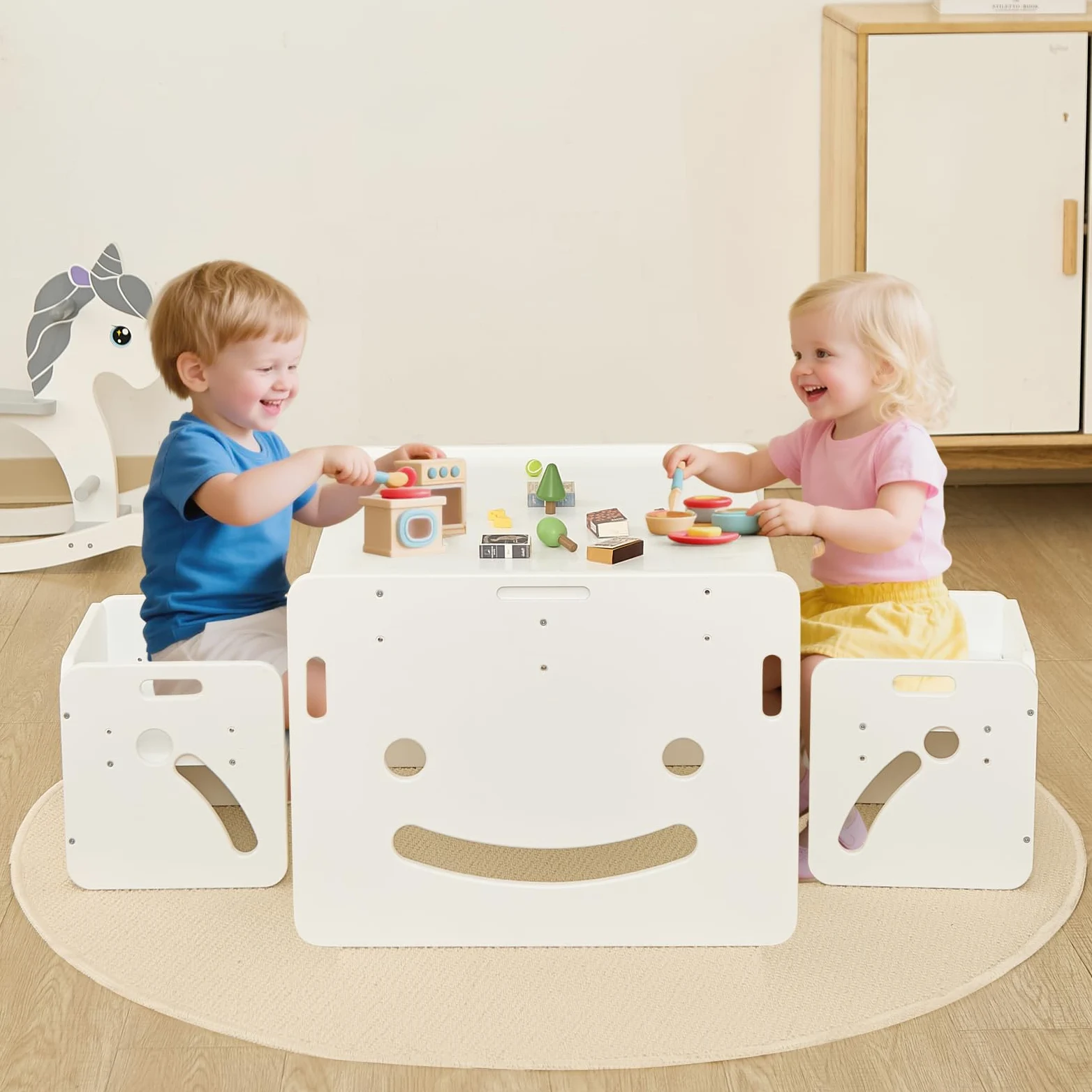 FUNLIO Set Tavolo e 2 Sedia Montessori per Bambini 1-3 Anni, Altezza Regolabile, Ideale per Leggere/Mangiare/Giocare, Montaggio Semplice, Certificato CPC - Bianco