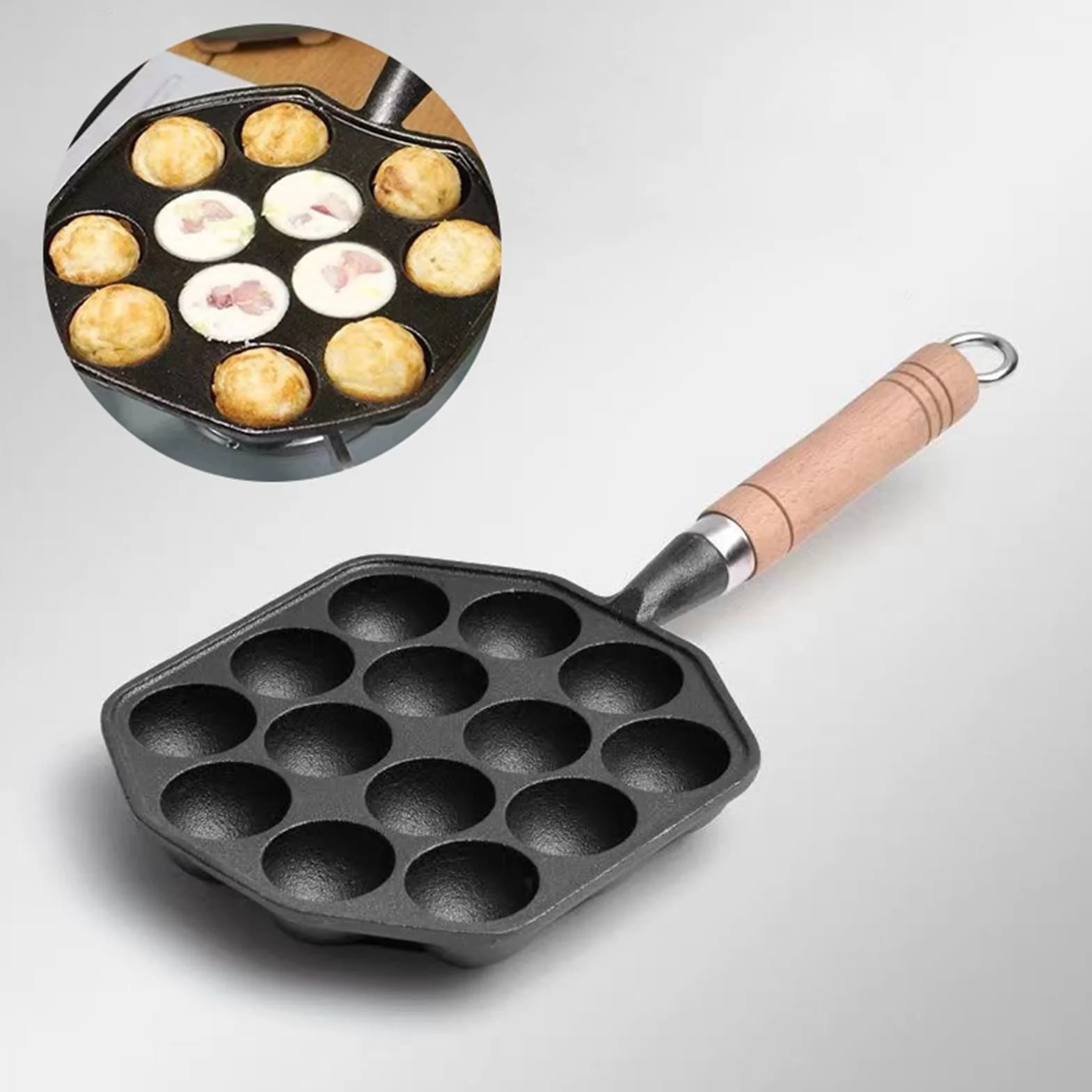 Antiaderente Ghisa Takoyaki Pan 14 Fori con Manico Staccabile