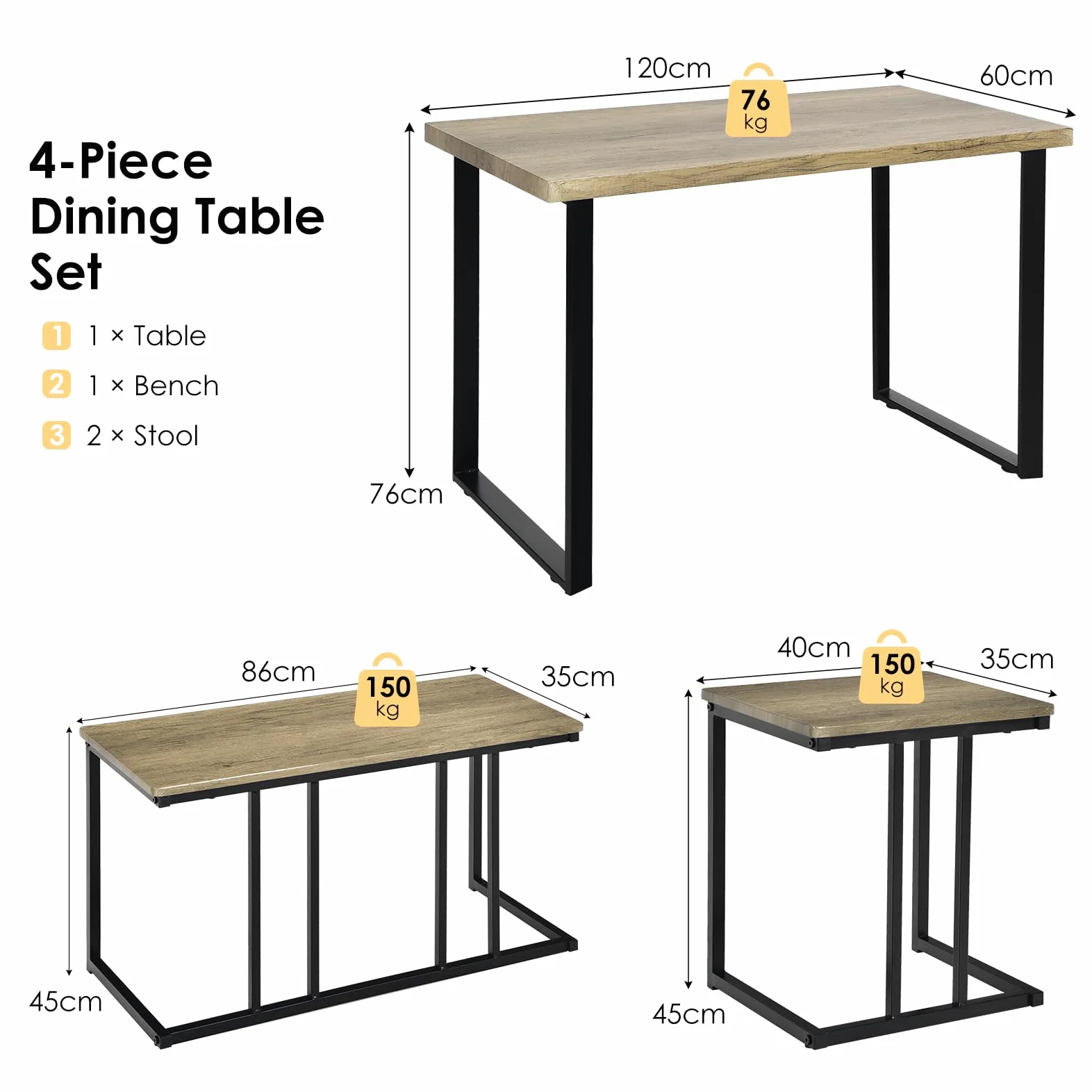 RELAX4LIFE Tavolo da Pranzo 4 Pezzi, Set Tavolo Cucina con Panca 2 Sgabelli, Tavolo da Bar con Struttura in Metallo, Gruppo Sedute per 4 Persone, Design Industriale, Rovere Grigio