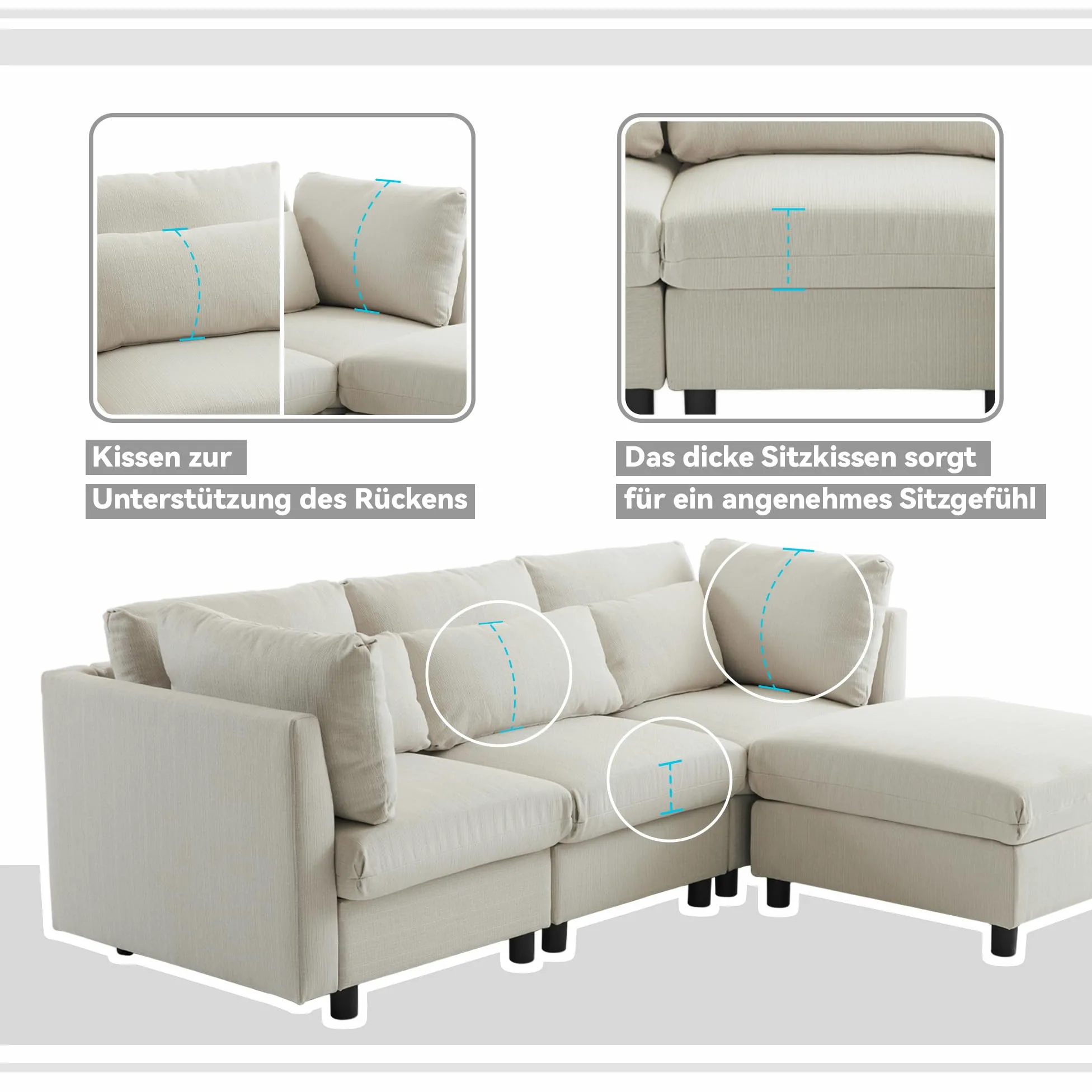 Divano 3 Posti Angolare a L con Poggiapiedi, Divano Soggiorno Salvaspazio (Beige)