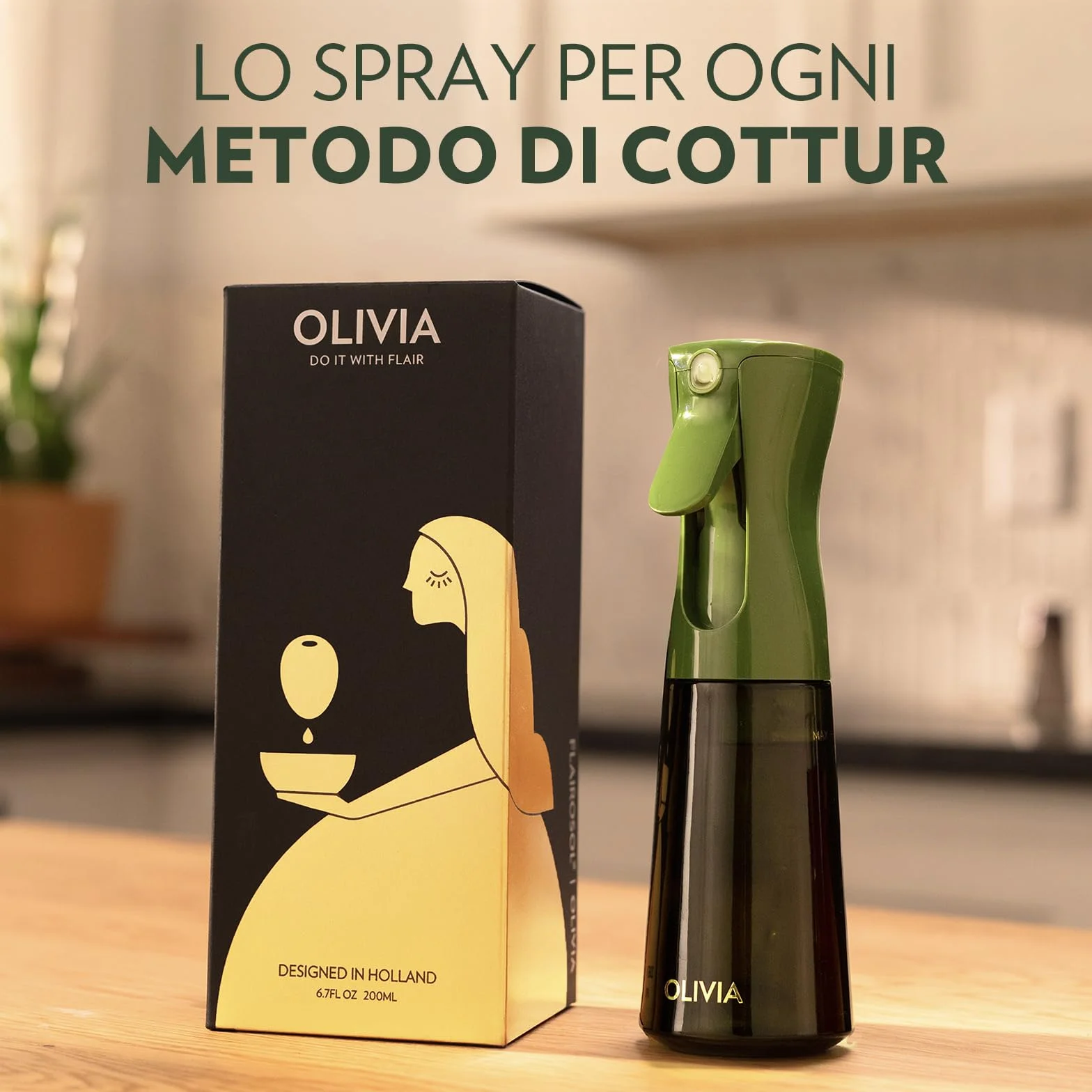 FLAIROSOL OLIVIA Spruzzatore di Olio in Vetro 200ml - Tecnologia a Spruzzo Continuo con Controllo Porzioni Verde