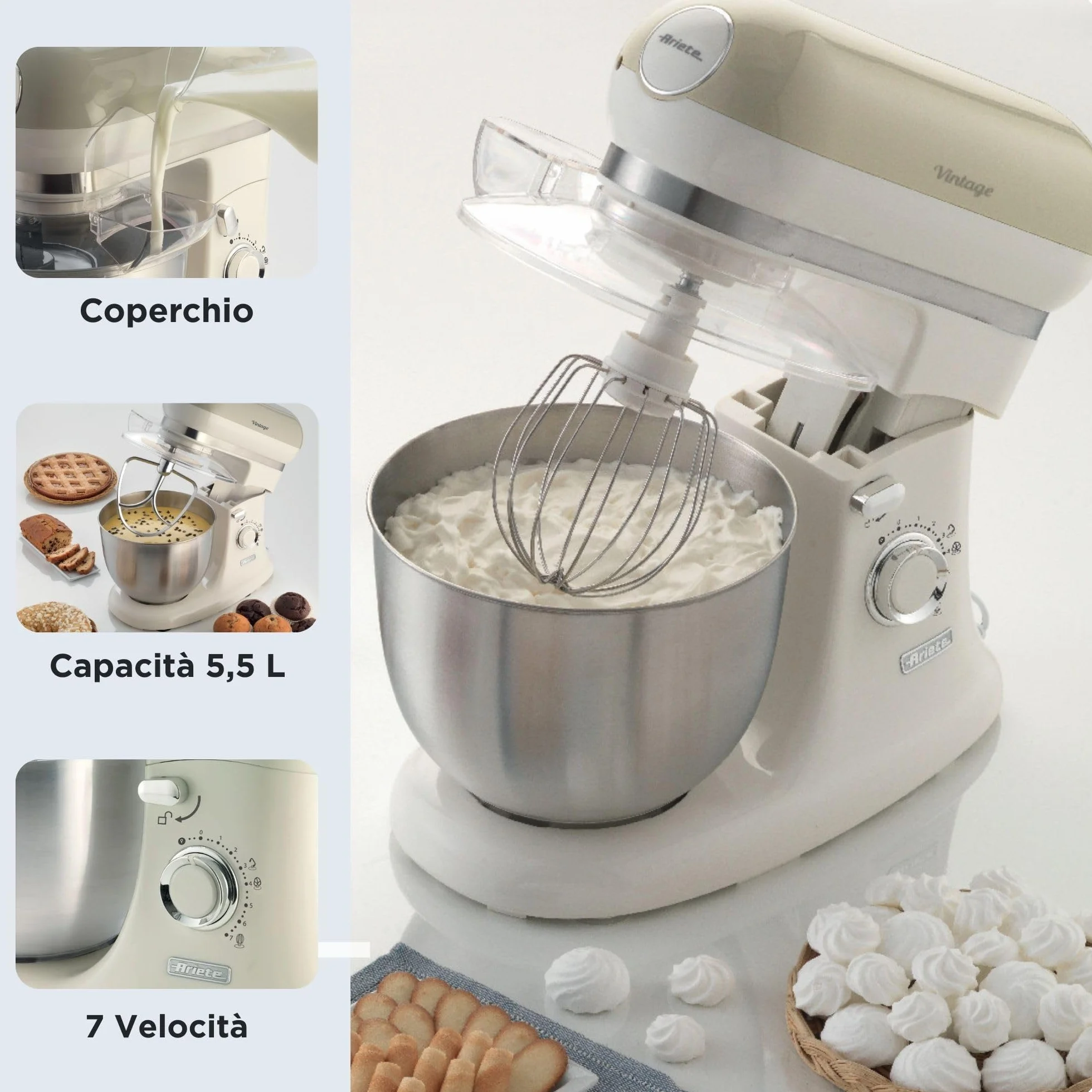 Ariete Impastatrice Vintage 1588, Planetaria per Pane, Pizza, Dolci e Pasticceria, Gancio, Frusta a Cuore e Frusta a Filo Inclusi, Capacità 5.5 Litri, 7 Velocità + Pulse, 1200W, Beige