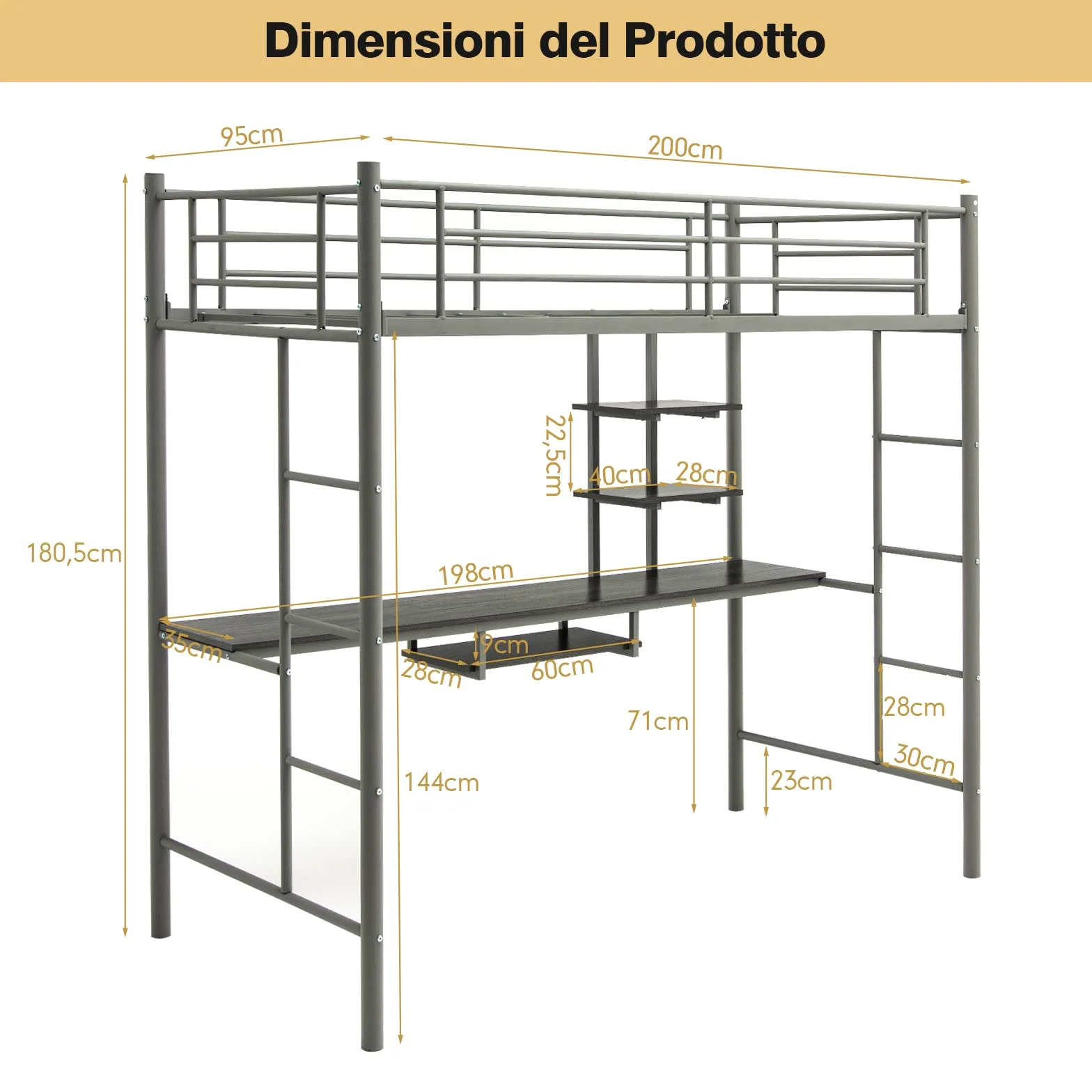 COSTWAY Letto a Soppalco in Metallo, Struttura del Letto Salvaspazio con 2 Scale e Scrivania, Letto a Doghe Ideale per Adolescenti e Adulti, 200x95x180,5 cm (Argento)