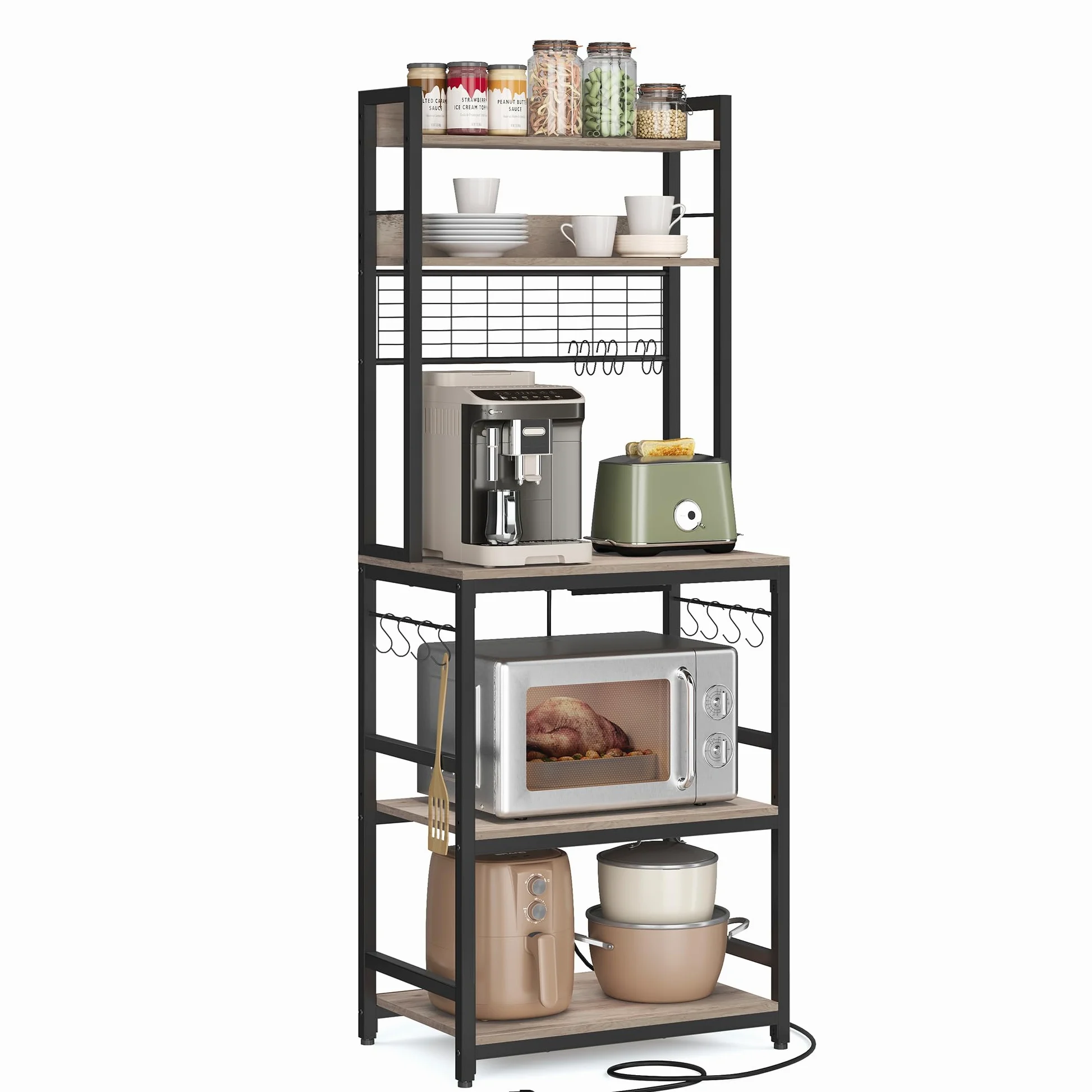 VASAGLE Scaffale Cucina con Multipresa, Scaffale per Microonde, Mobile Cucina, con Pannello a Rete Metallica, 14 Ganci, 40 x 60 x 170 cm, Greige e Nero KKS037B02EU