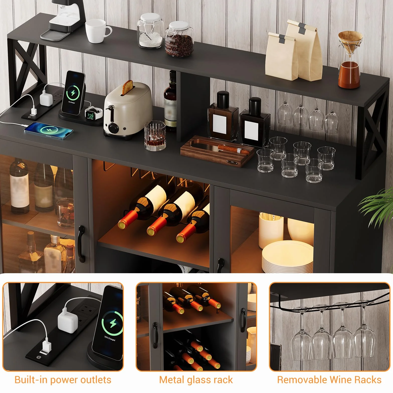 Garvee Mobile Bar Industriale 2-in-1 con Luci LED e Prese, Buffet con Portabottiglie, Portabicchieri, Ripiani Aperti, per Cucina, Sala da Pranzo, Soggiorno, Nero