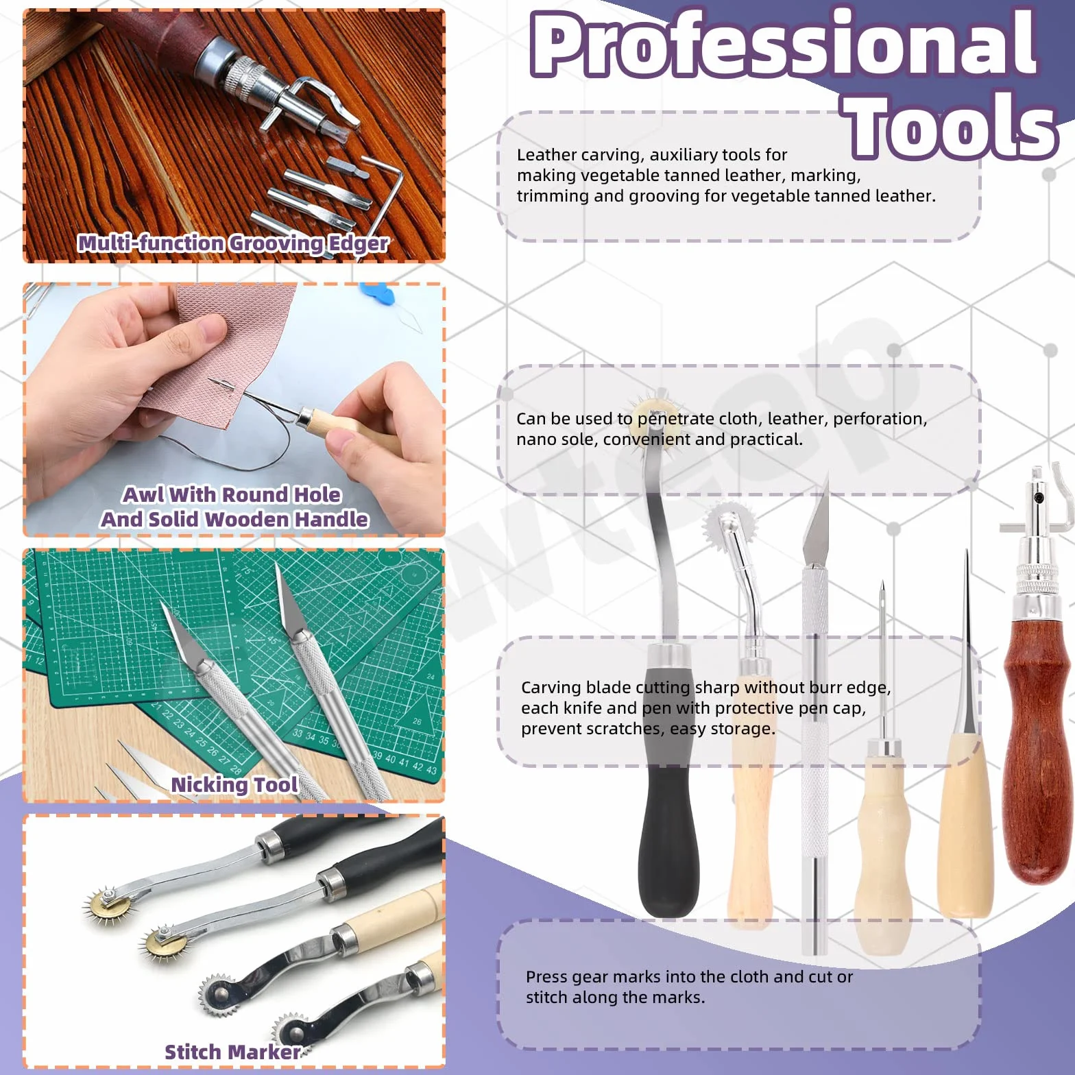 Swpeet Kit da 46 pezzi per artigianato in pelle, strumenti e forniture con punteruolo per scanalare filo cerato, punzonatrice, ruota da tracciamento, aghi da cucito e altro ancora