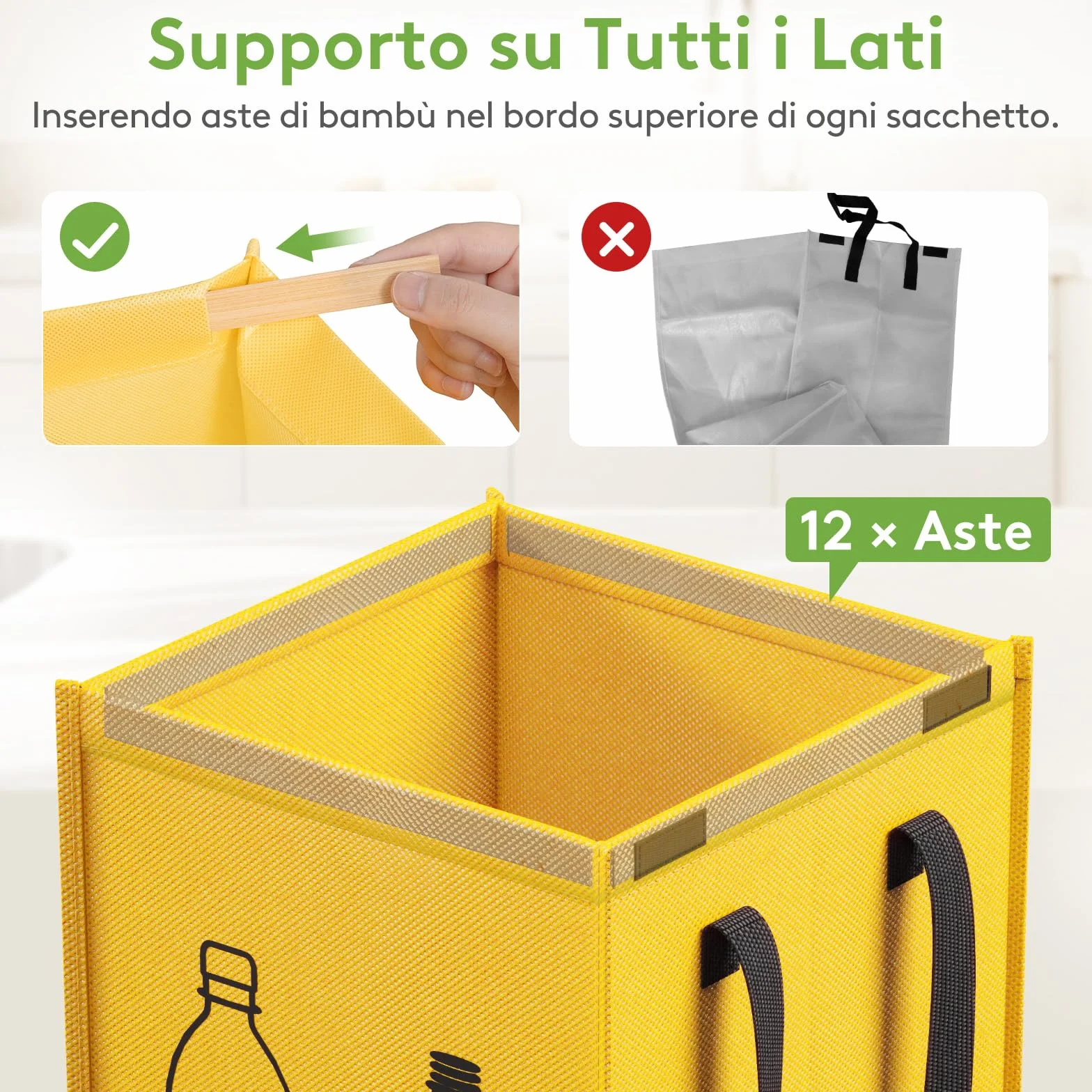 Lifewit Set di 3 Borse Raccolta Differenziata 45 L, Bidoni Differenziata Interno in 3 Colori, Raccolta Differenziata Esterno per Carta, Plastica, Vetro e Bottiglie