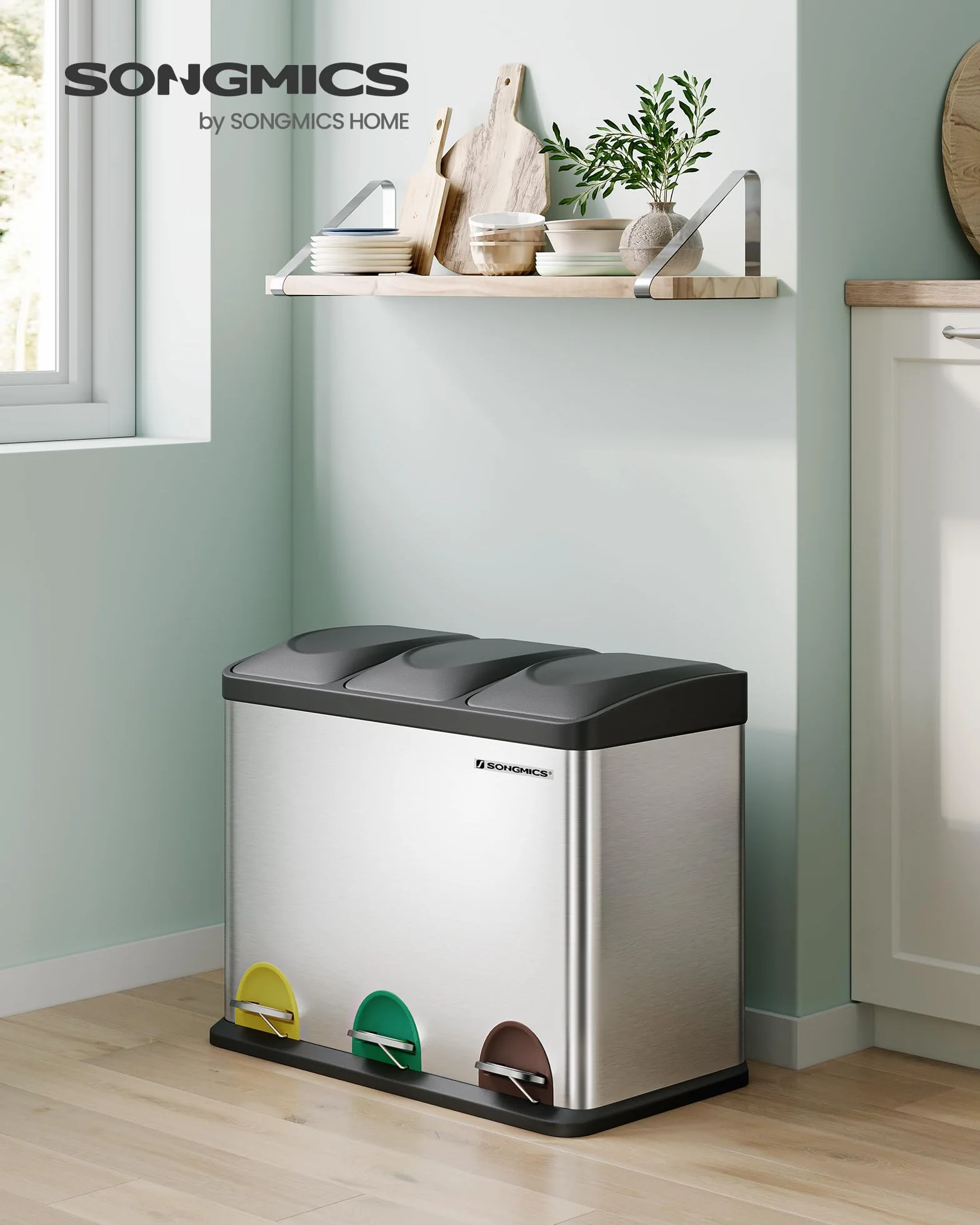 SONGMICS Cestino da Cucina, Pattumiera Tripla per Riciclaggio a Pedale, Metallico da 45 Litri, Raccolta Differenziata, 3 x 15L, con Coperchio, Acciaio, Argento Metallico e Nero Inchiostro LTB45L
