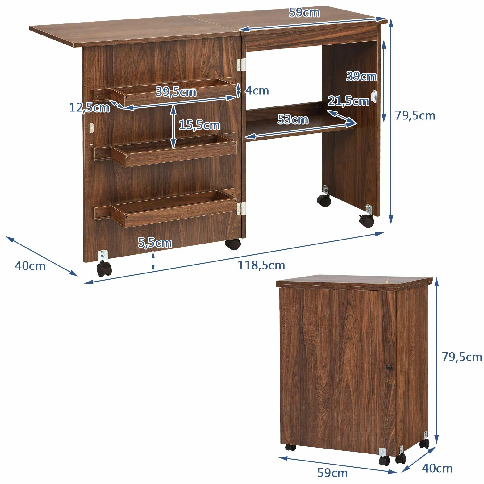 GYMAX Mobile per Macchina da Cucire, Tavolo Cucito Pieghevole Richiudibile, con Ripiani Portaoggetti e 5 Ruote, 118,5 x 40 x 79,5 cm (Marrone Scuro)