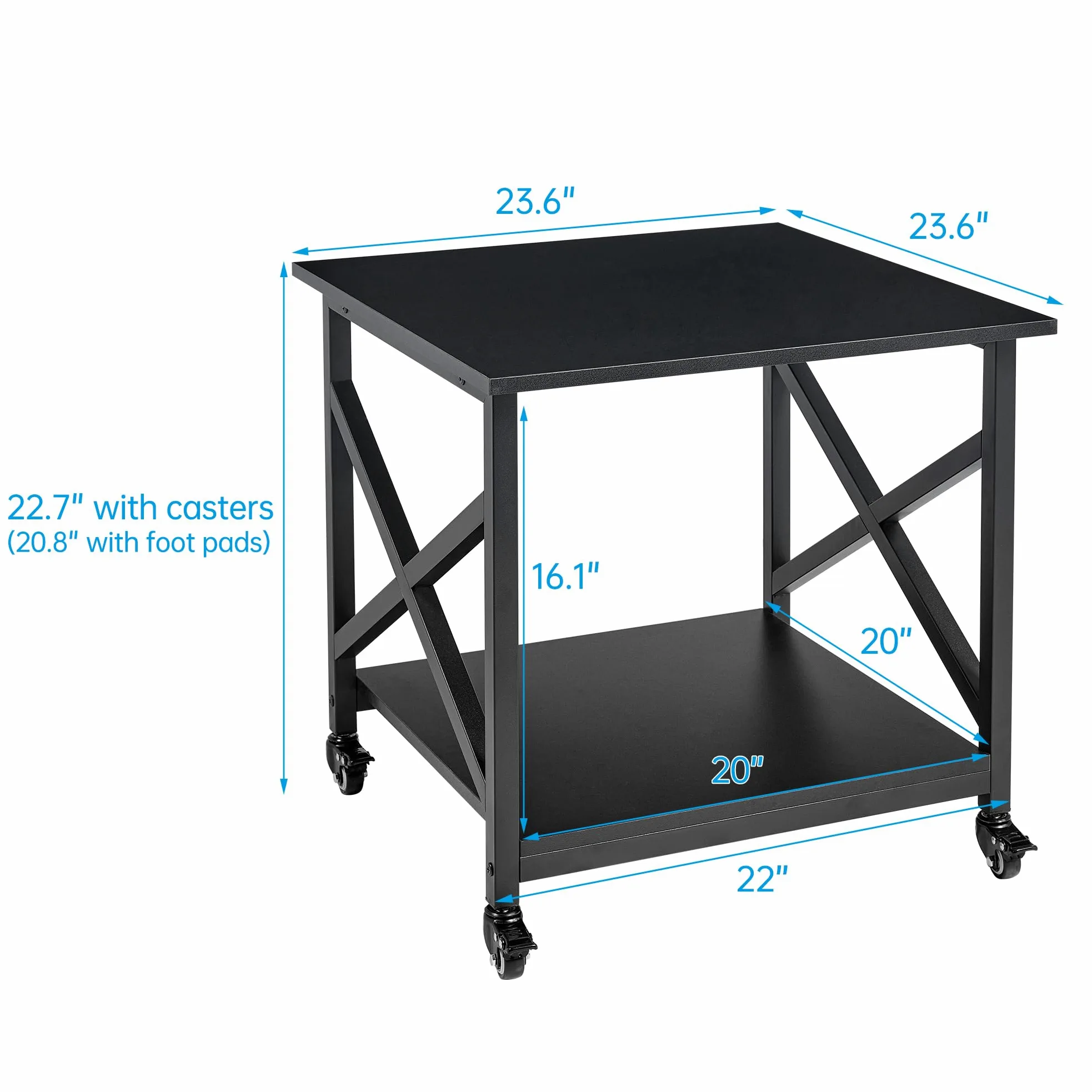 Fannova Supporto per stampante quadrato a 2 ripiani, 60 x 50 x 50 cm, con ripiano portaoggetti, carrello per stampante con ruote industriali, per casa e ufficio, mini frigorifero, nero