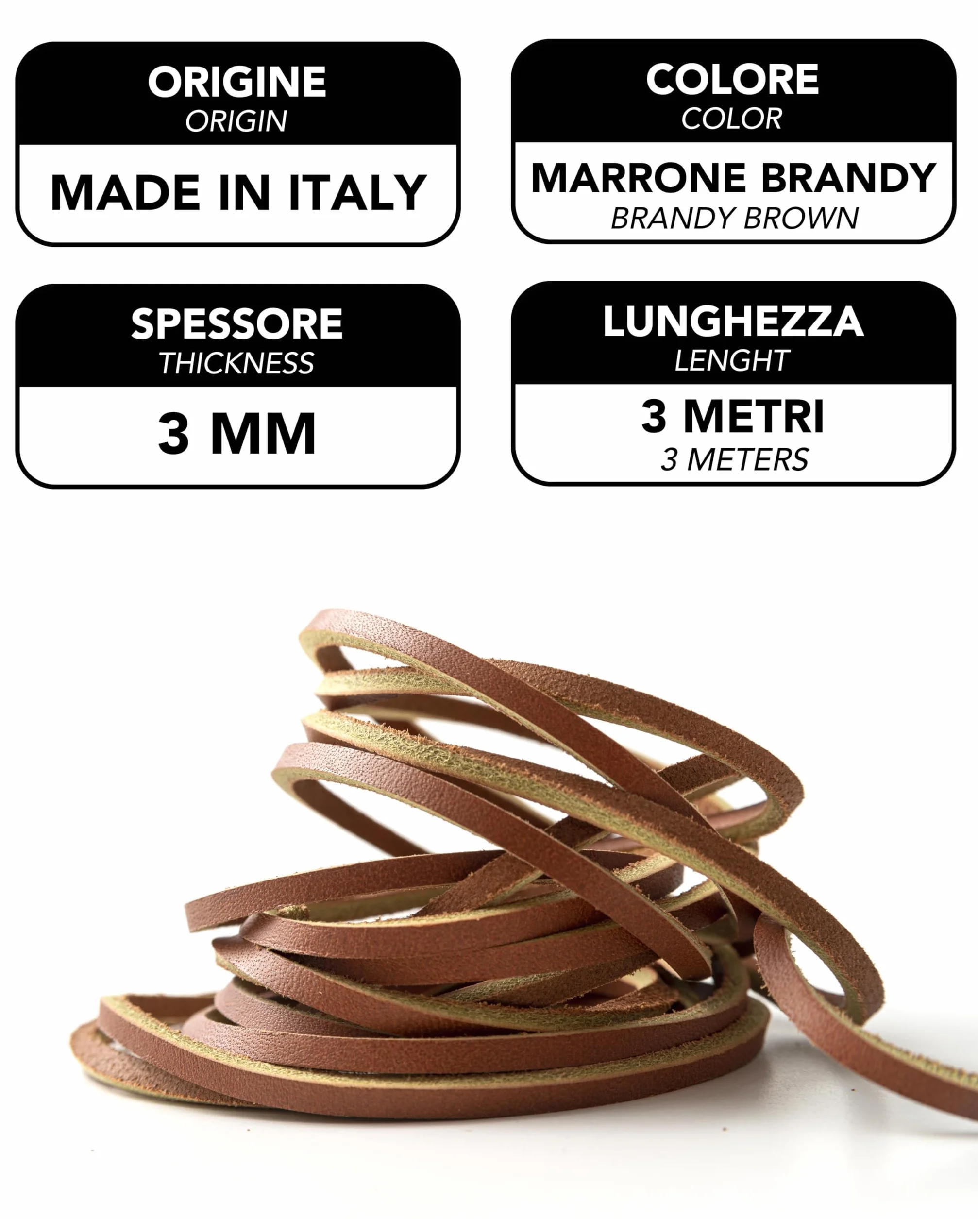 IPEA Cordino in Vera Pelle Quadrato 3 mm 3m Made in Italy Brandy