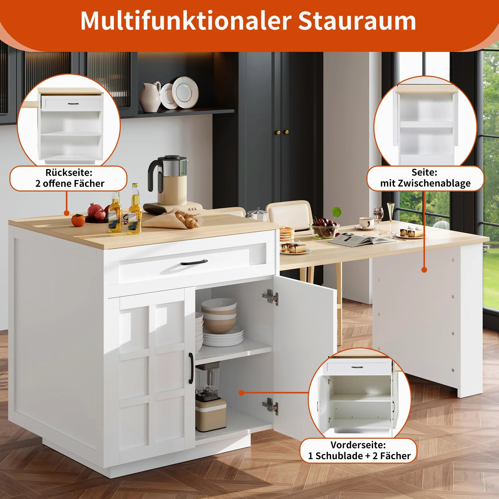 Bladez Isola cucina piano lavoro espandibile, tavolo da cucina allungabile 2-6 persone, tavolo bar con ripiani laterali e cassetti, penisola cucina, angolo bar, nero