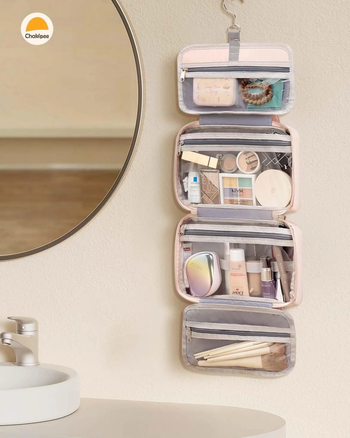 Appendere Beauty Case da Viaggio Donna – Organizer Pochette Trucchi Impermeabile con Finestra Trasparente, Borsa da Bagno Leggera per Essenziali, Trucco, Shampoo Rosa, Media