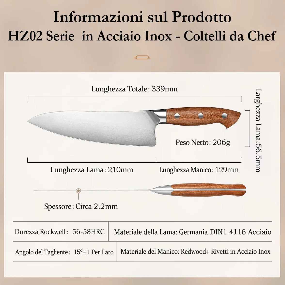 Coltelli da Chef HEZHEN 21cm Acciaio German DIN1.4116 Full Tang Manico Redwood