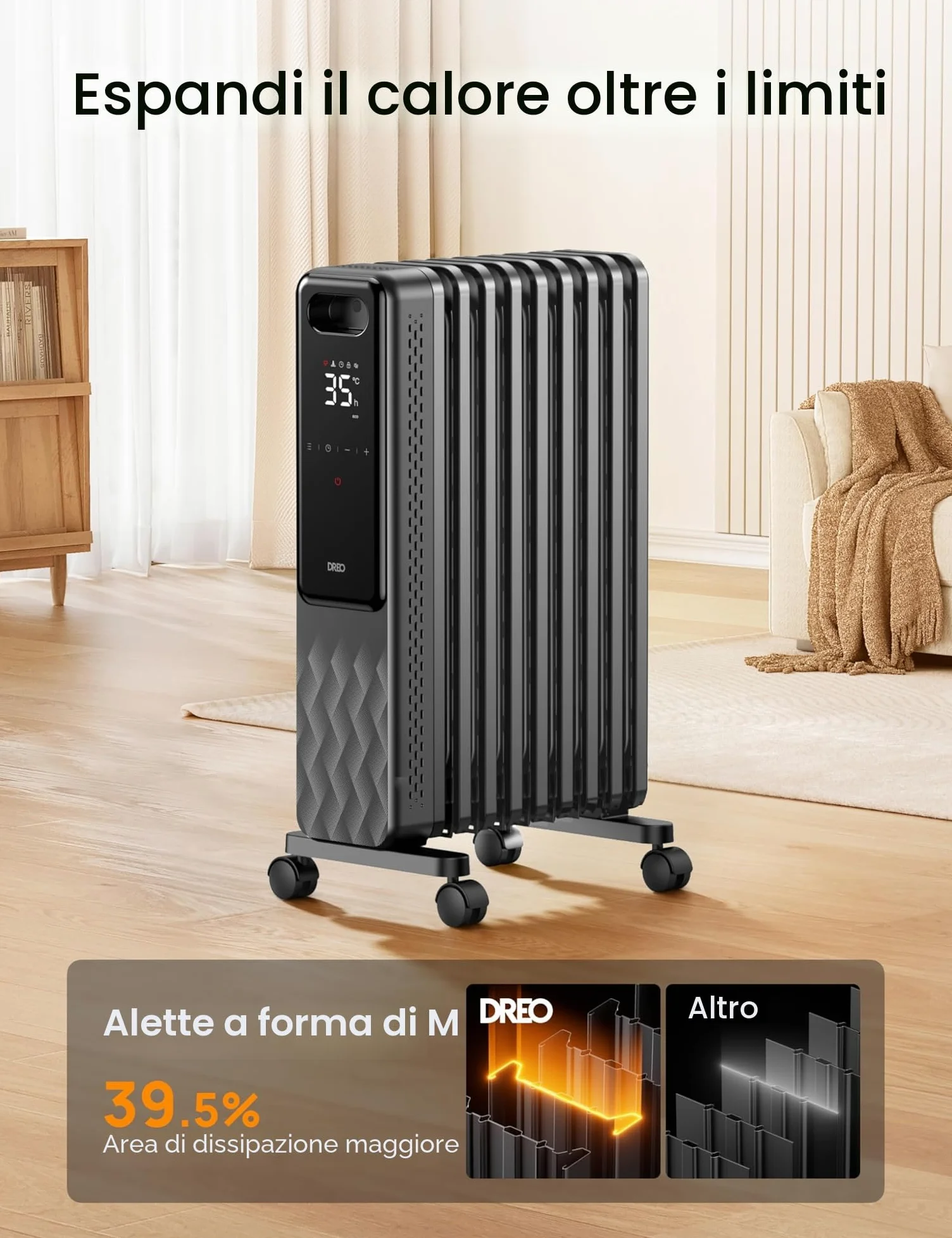 Dreo OH310 - Radiatore ad olio a risparmio energetico, 2000 W, con 9 nervature con telecomando, 3 livelli di riscaldamento, 4 modalità, timer 24 ore, protezione contro il surriscaldamento, radiatori,