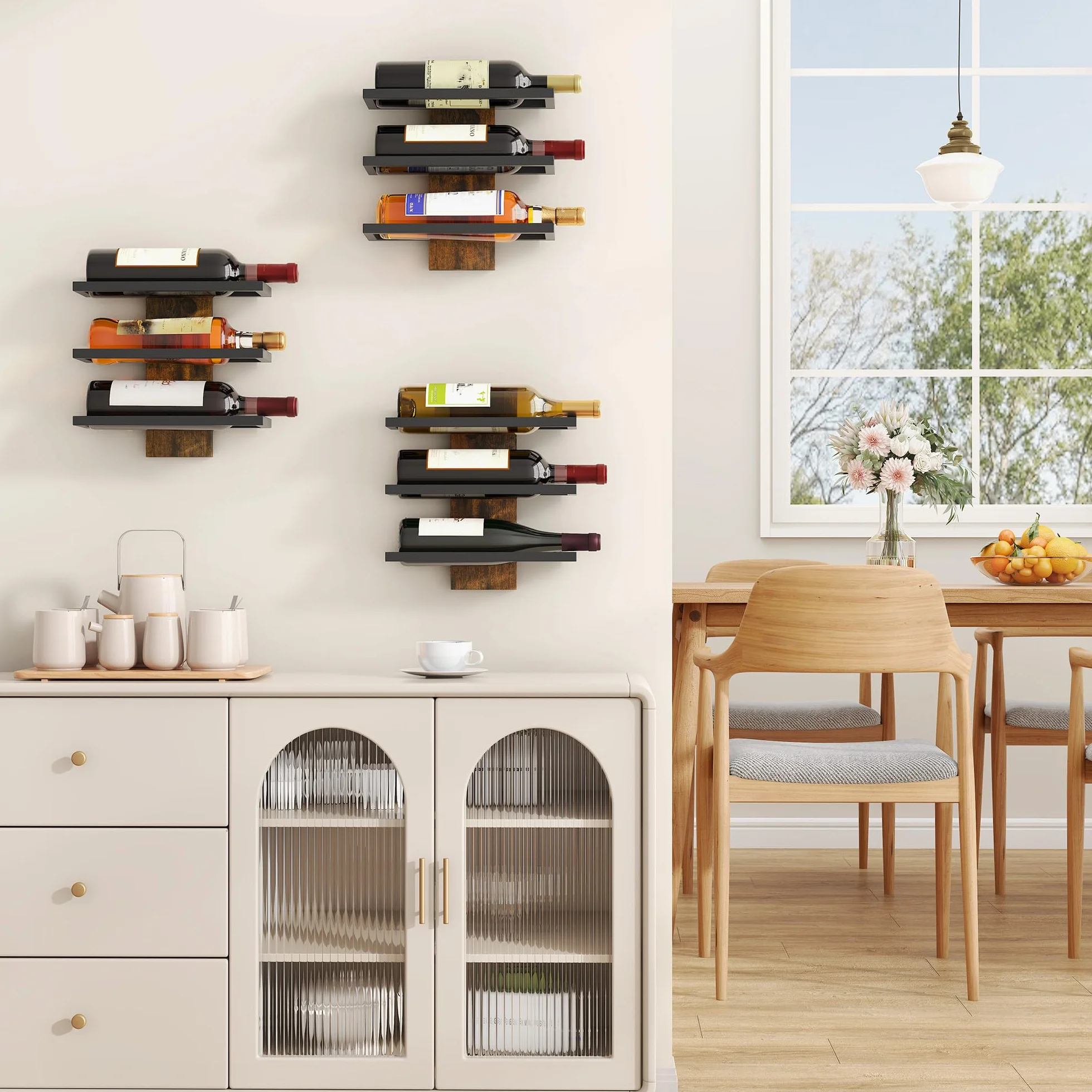 FAVOOSTY Portabottiglie da Parete in Legno per 9 Bottiglie da Appendere per Cucina, Sala da Pranzo, Bar