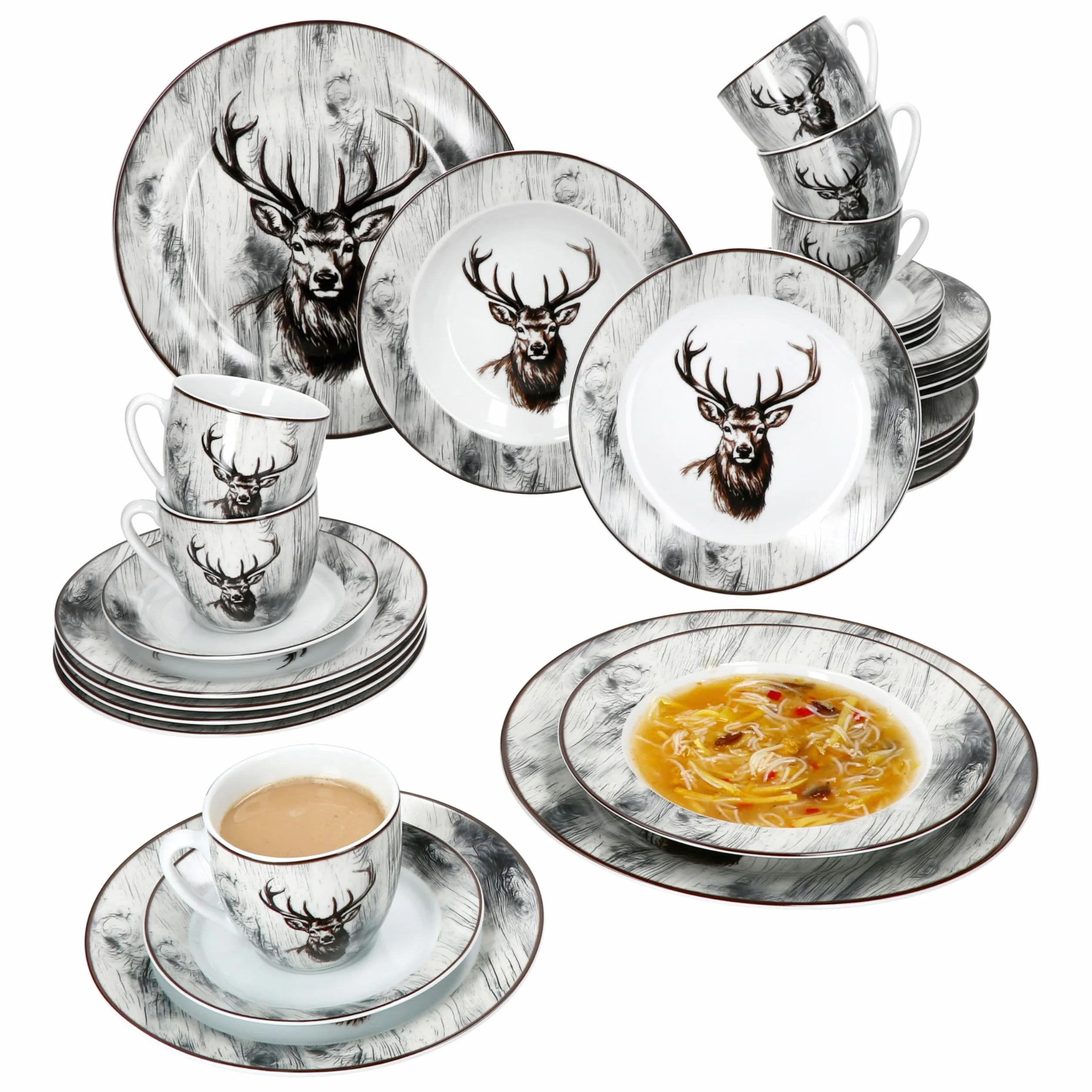 MamboCat Alois, servizio combinato da 30 pezzi, in porcellana con decorazione a cervo, per 6 persone, 6 tazze da 200 ml, piattini, piatti da torta, piatti fondi e piani