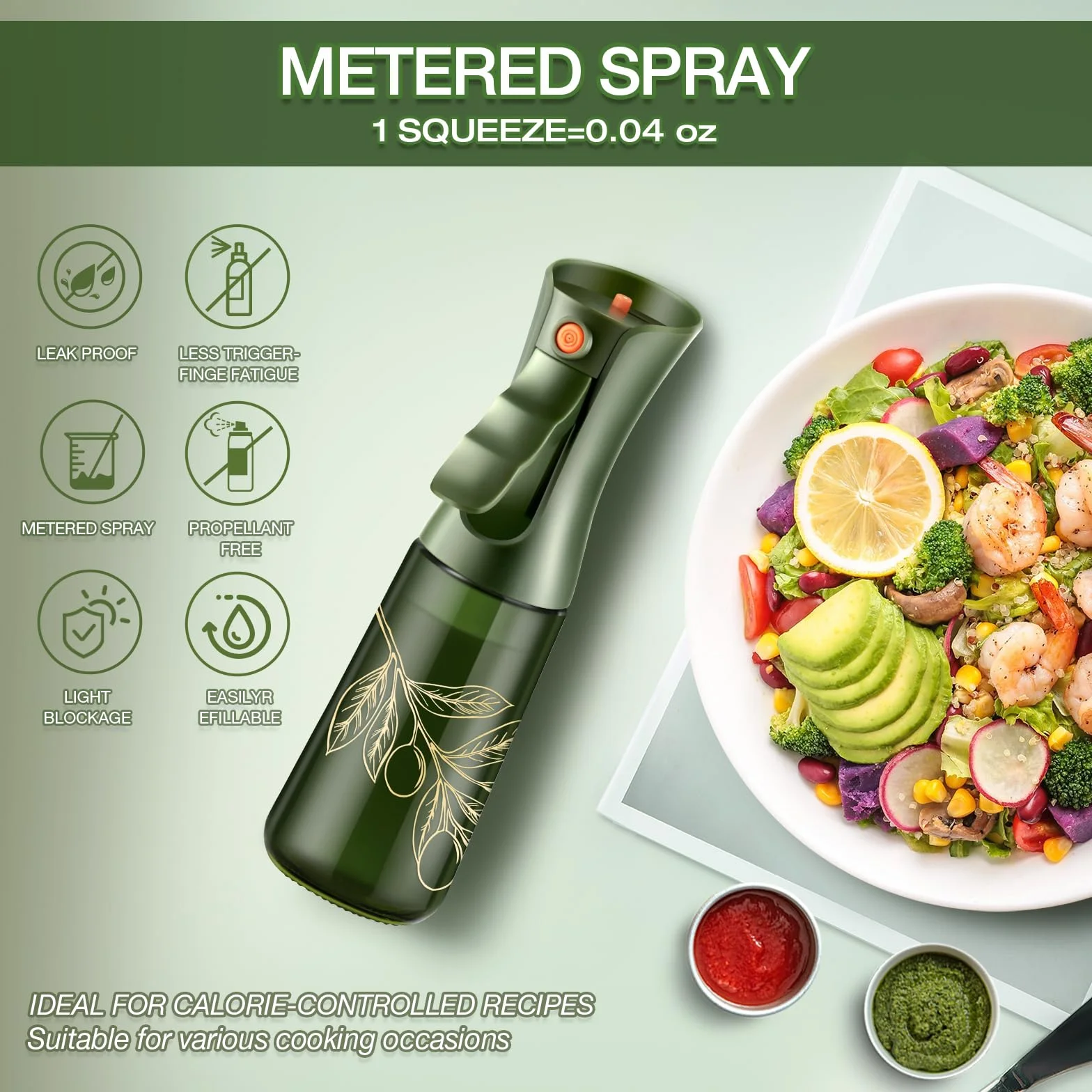 Spruzzatore di olio d'oliva in vetro per cucinare, nebulizzatore di olio spray continuo per cottura con controllo delle porzioni per cucina 200ml/7oz (bottiglia verde, stampa dorata)