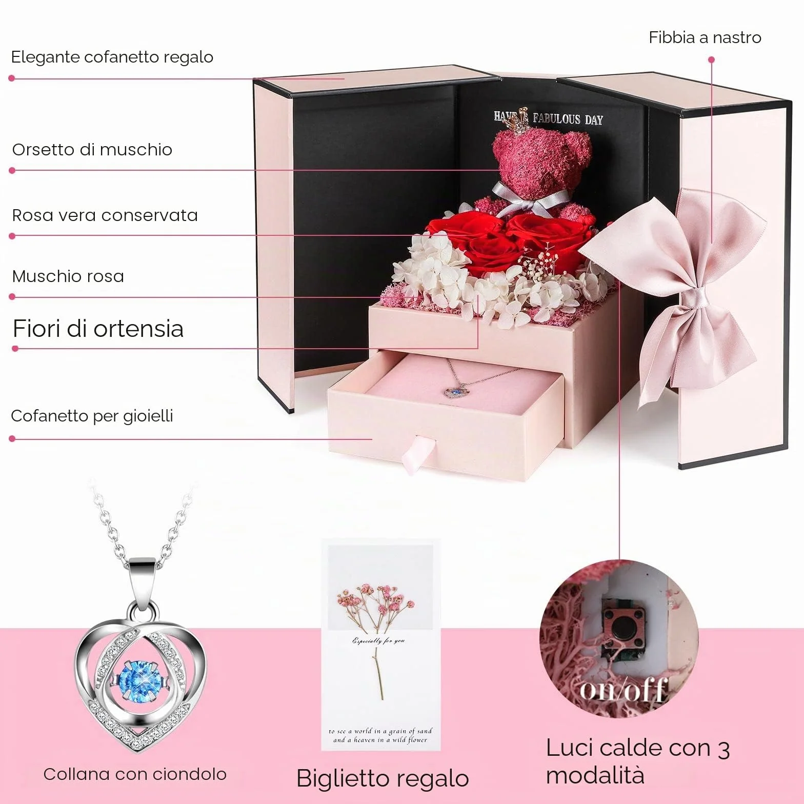 ADDWel Rosa Stabilizzata Eterna con Collana e Orsetto di Rose, Idee Regalo Compleanno per Donna Mamma Fidanzata Moglie