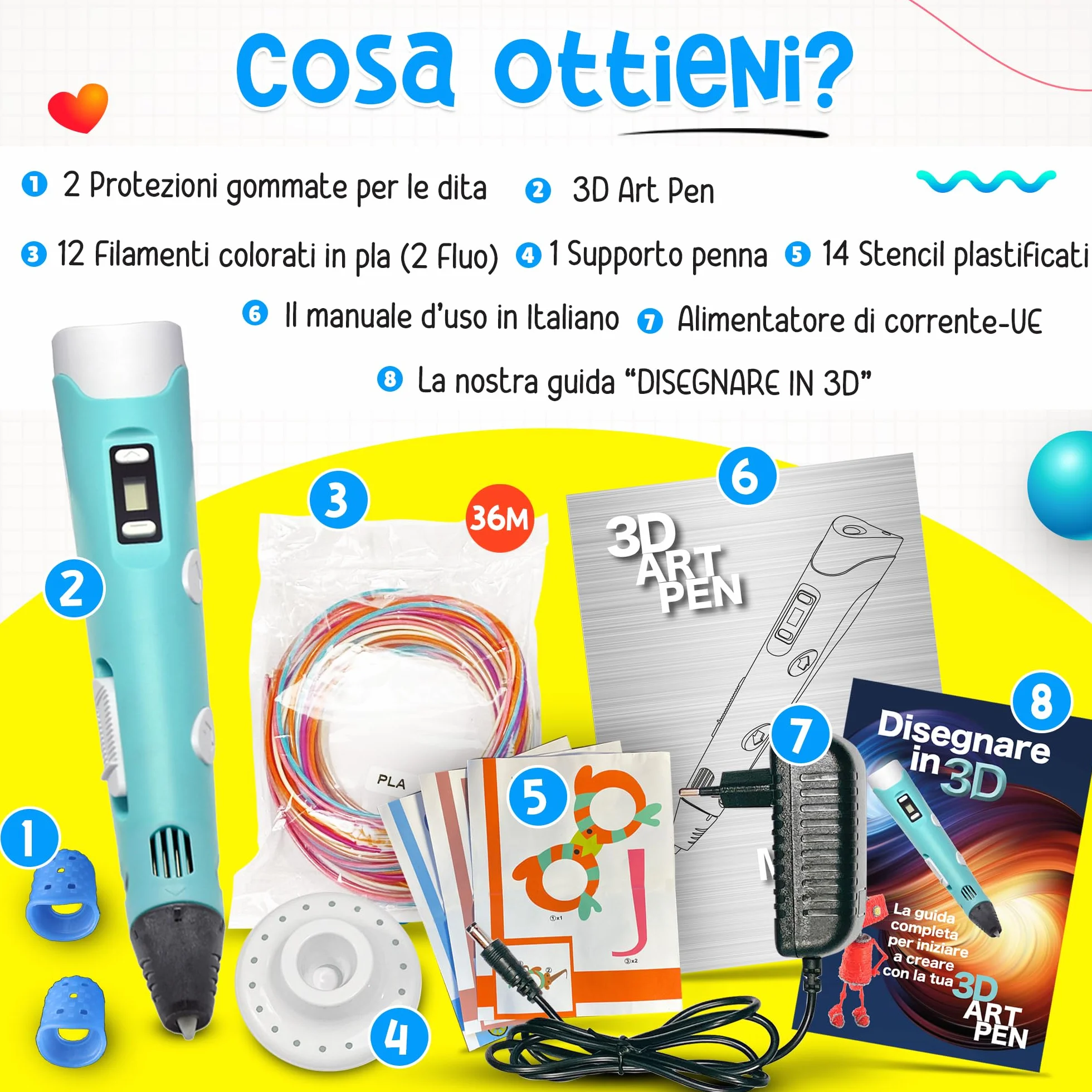The Italian Home Penna 3D + Filamenti PLA 12 Colori + Istruzioni Italiano - Penna 3D bambini 10 anni