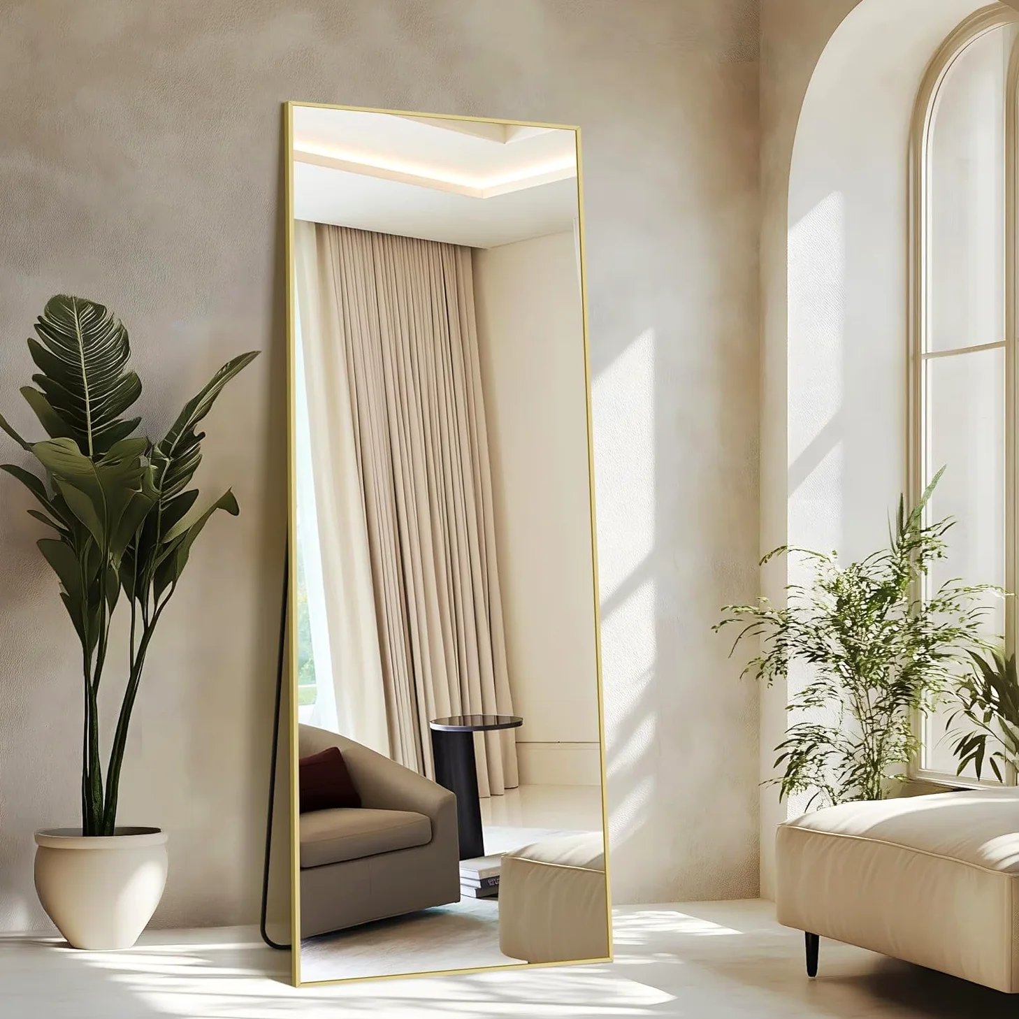 Specchio da Terra, 161 x 52 cm Specchio Rettangolare con Cornice in Alluminio Oro per Bagno, Camera da Letto, Ingresso e Corridoio