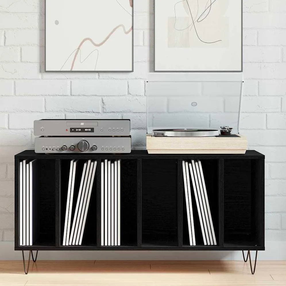 Armadietto per dischi in vinile, colore nero, effetto rovere, 100 x 38 x 48 cm, mobile multimediale Hifirack, lowboard, credenza, scaffale per CD, DVD, Blu-ray, console da gioco in vinile