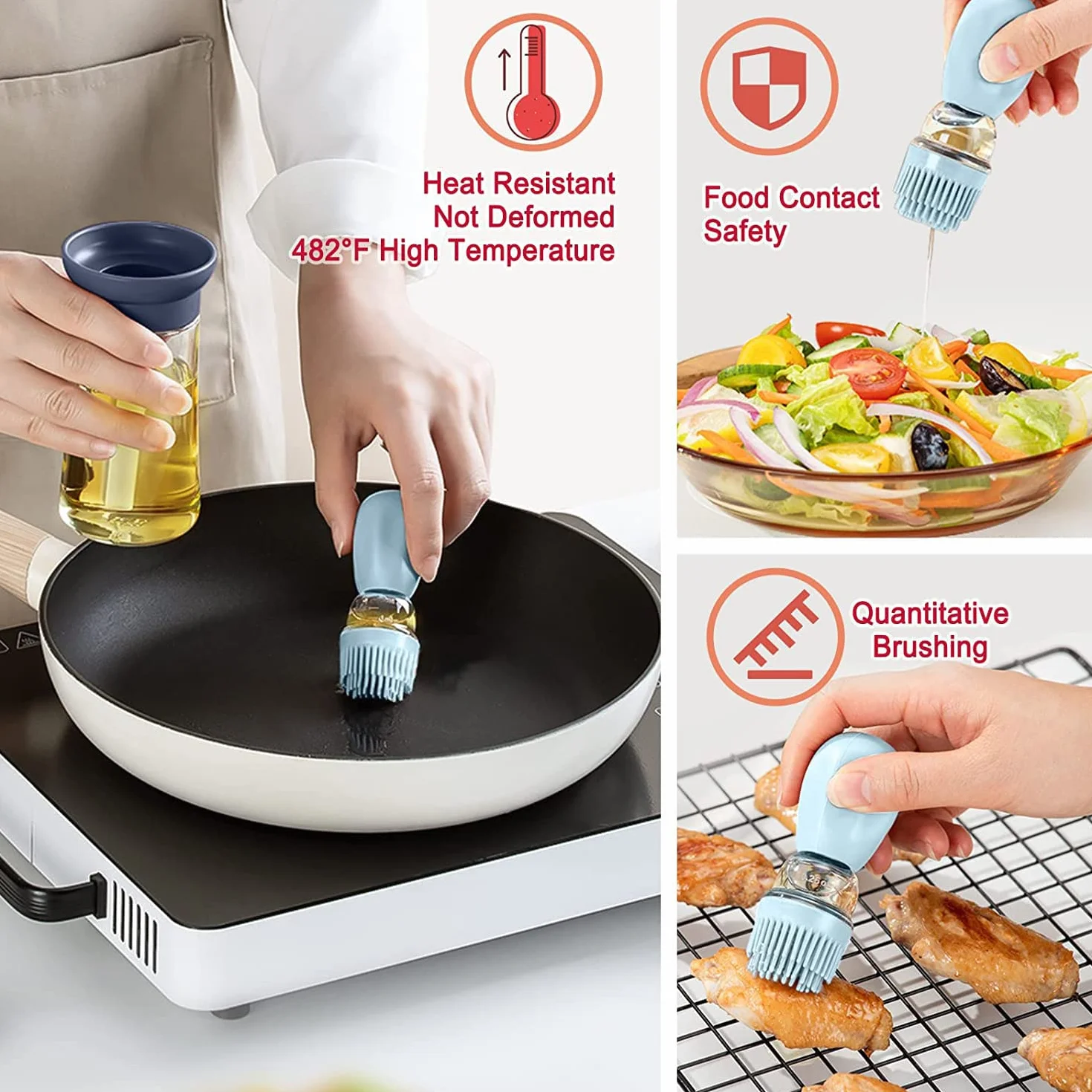 2pcs Bottiglia di Olio con Pennello in Silicone,180ml 2 in 1 Bottiglia di Erogatore di Olio con Spazzola Distributore di Olio in Vetro per Cucina Barbecue Pasticceria (blu+rosso)