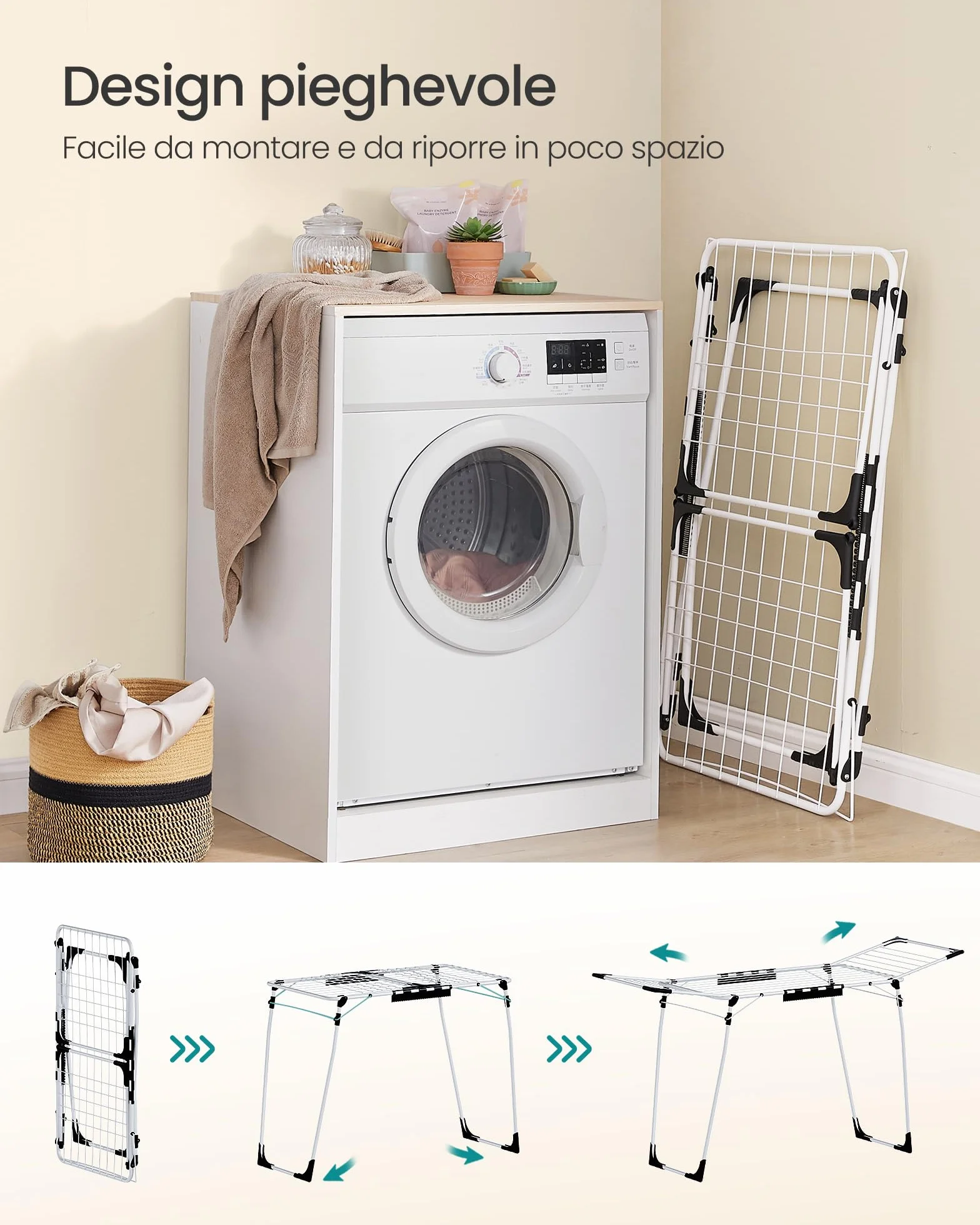 SONGMICS Stendibiancheria metale 56,5 x 173 x 96,5 cm con supporto per calze