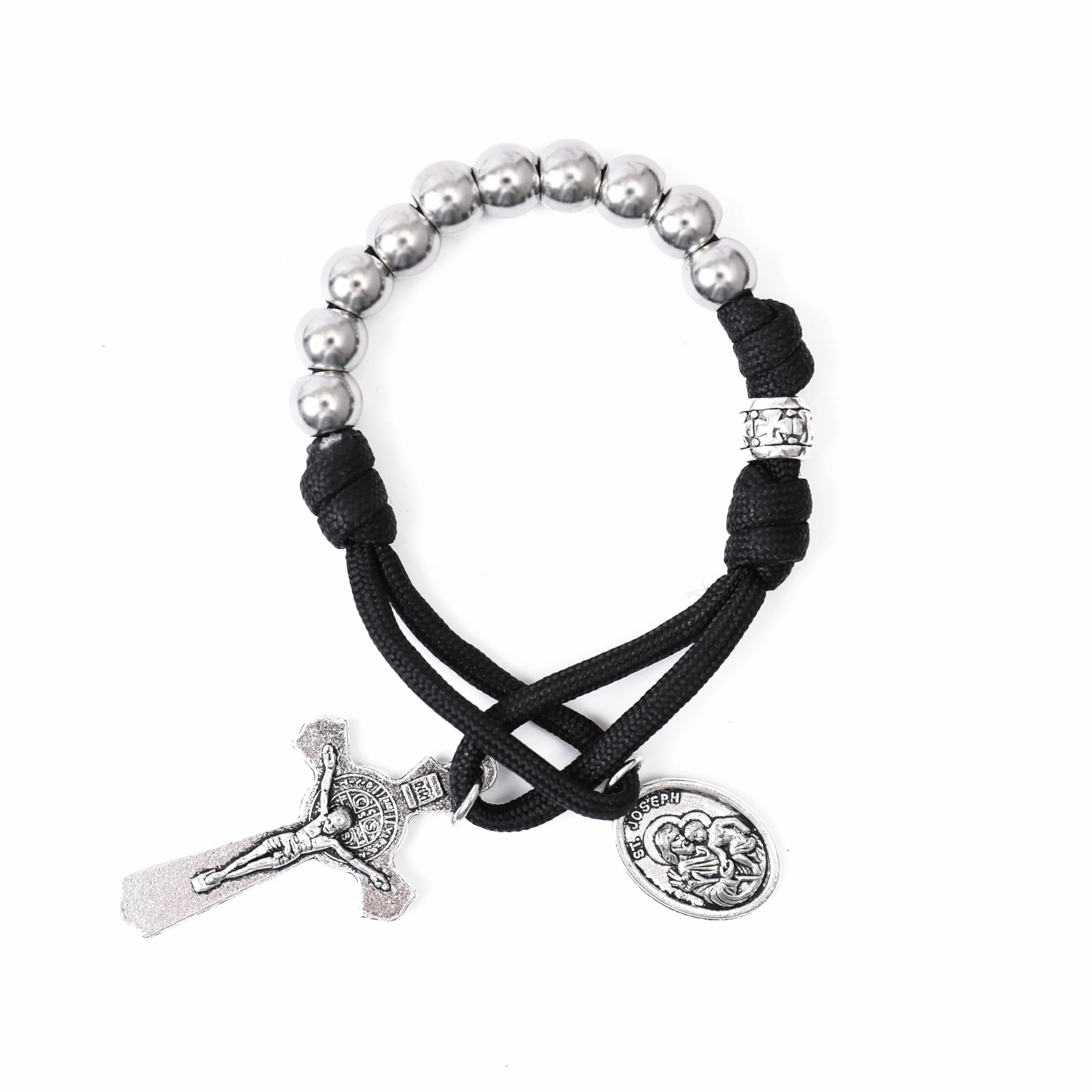 Nazareth Store Rosario militare di un decennio in paracord, perline d'argento, rosario tascabile per auto, prega per noi, medaglia di San Giuseppe e croce di San Benedetto.