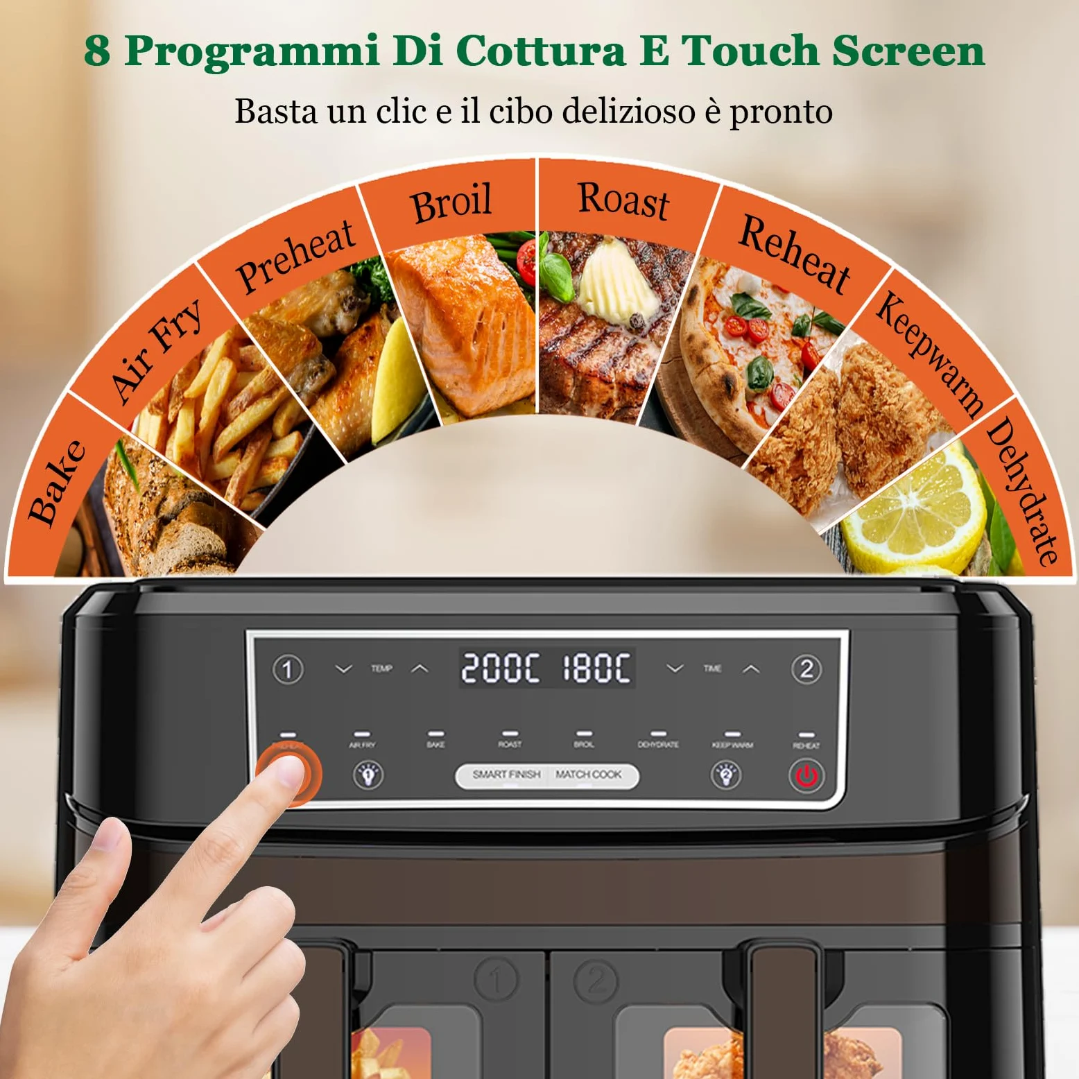 Friggitrice ad Aria Doppio Cestello | 10L Friggitrice Aria con Finestra Osserv Indipendente Temperatura, 8-in-1 Air Fryer Controllo Touch 50-200℃, Air Fryer Grande 2600W Luce Integrata Timer