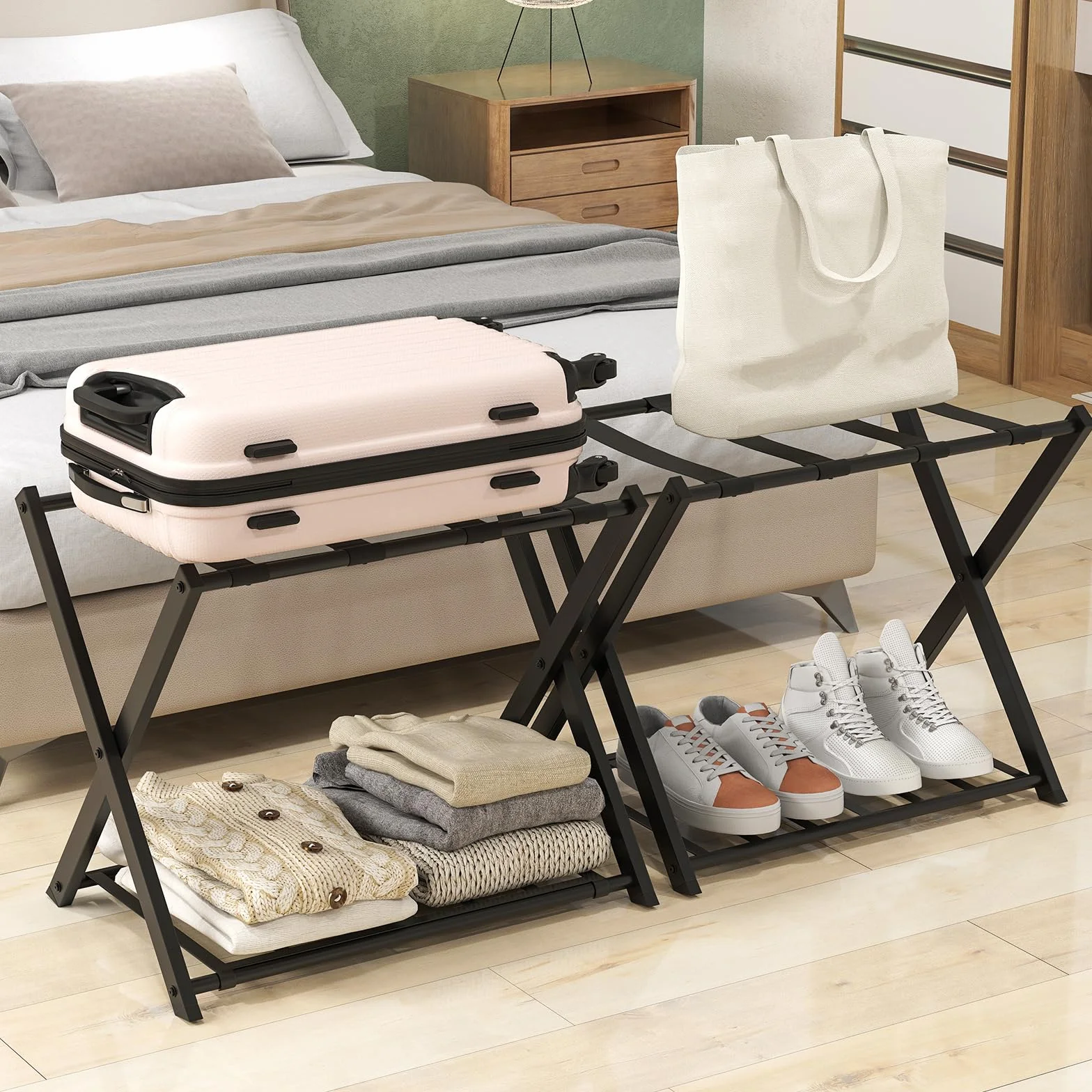 GIANTEX Portavaligia Pieghevole 70 kg 2 Ripiani Scarpiera Ferro 63,5x44x67 cm Nero