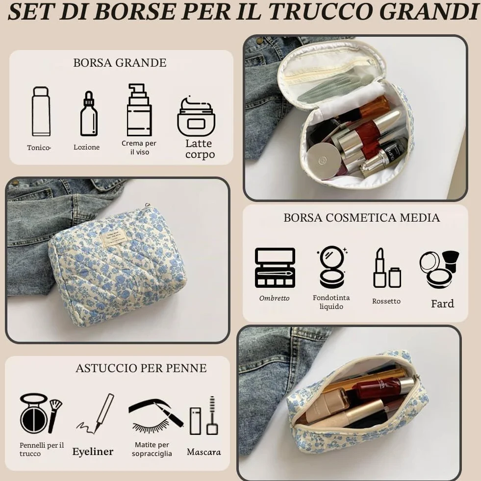 Aucuu Beauty Case 3 Pezzi Floreale Grande Capacità Borsa da Toilette Trapuntata Viaggio Cotone Morbido Makeup Bag Organizer