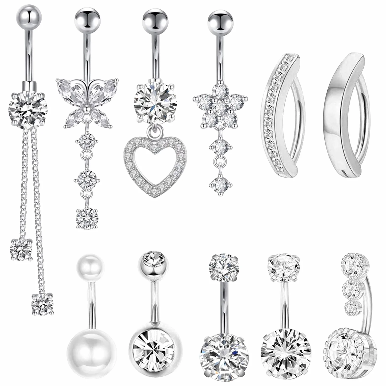 Piercing Ombelico per Donna, Perla Clicker Barbell Anello Set, Cuore Farfalla Gioielli Diamante Lungo Barbell 11 Pcs