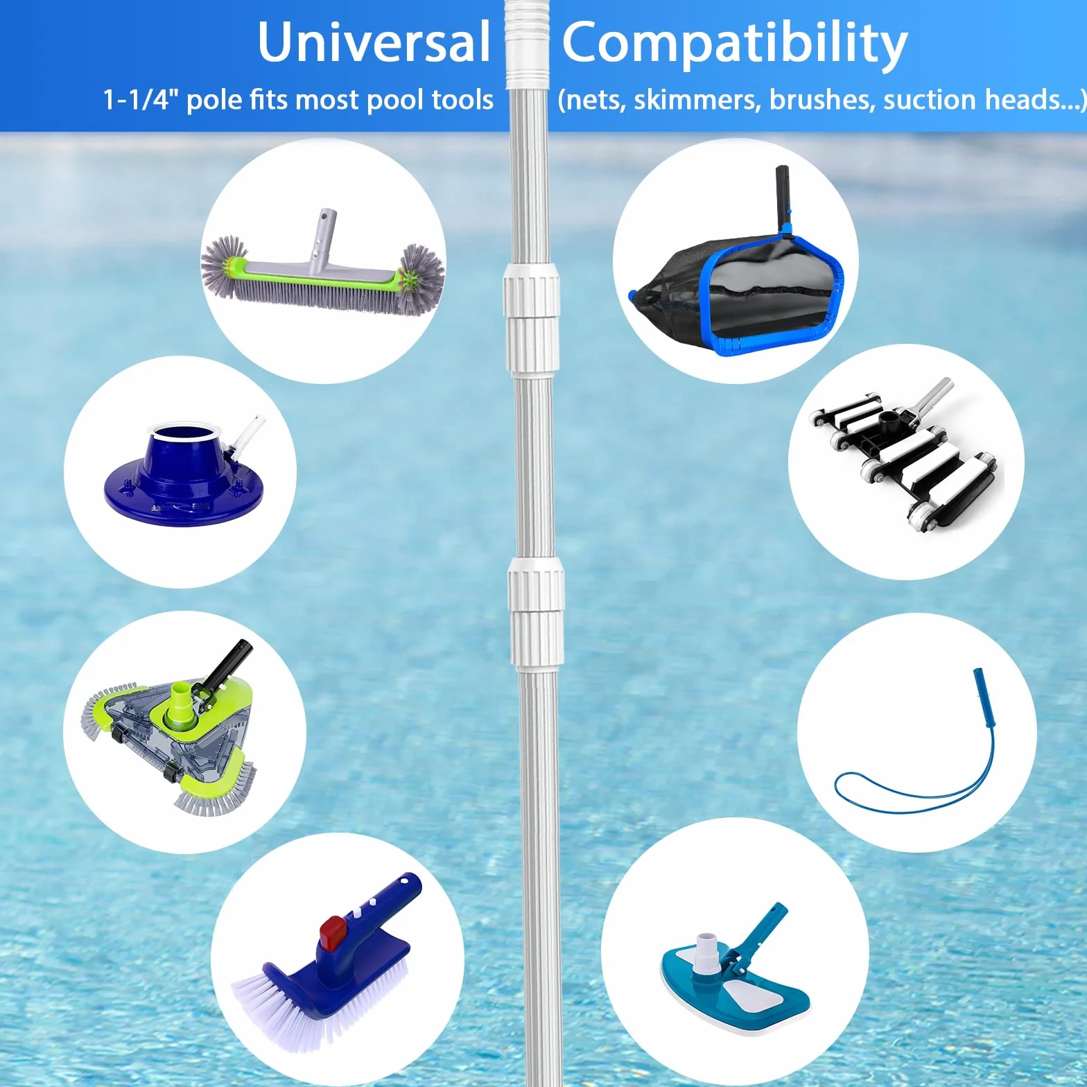 Asta Telescopica per Piscina Alluminio 1,4-4,58 m – Manico in Alluminio a 3 Sezioni, Estensibile per Skimmer, Spazzola e Pulizia del Fondo, Robusta e Leggera per Piscine e Stagni