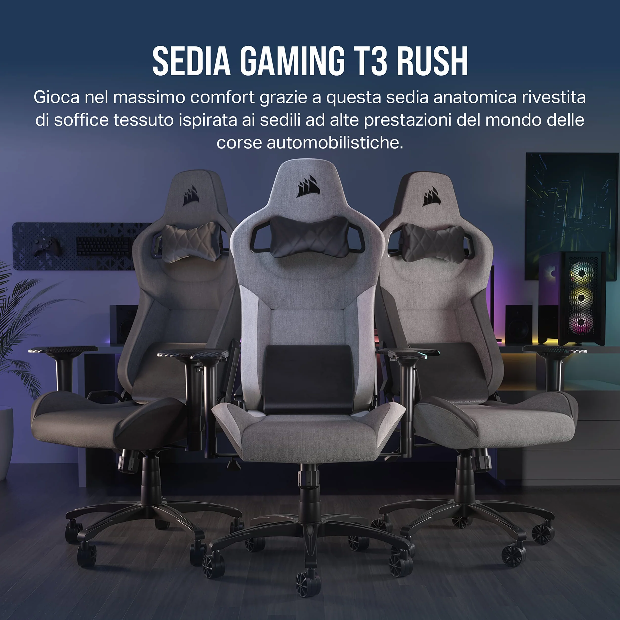 Corsair T3 RUSH Fabric Sedia da Gioco, Tessuto Morbido Traspirante, Cuscino Cervicale Regolabile, Supporto Lombare Memory Foam, Grigio Carbone