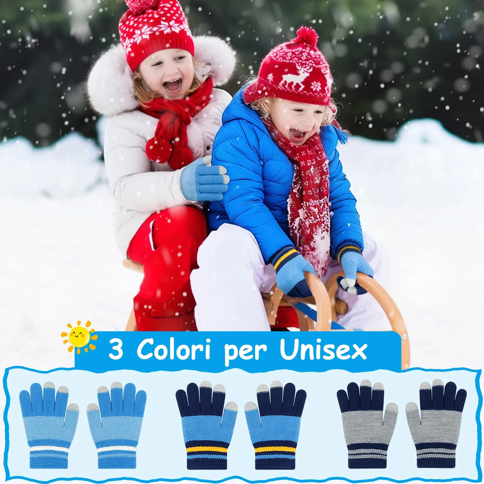 Kiiwah 3 Paia Guanti Invernali a Dita Bambini, Guanti in Maglia Magici Elasticizzati Termici Morbidi Blu, Blu navy, Grigio per Ragazzi (Età 7-9 Anni)