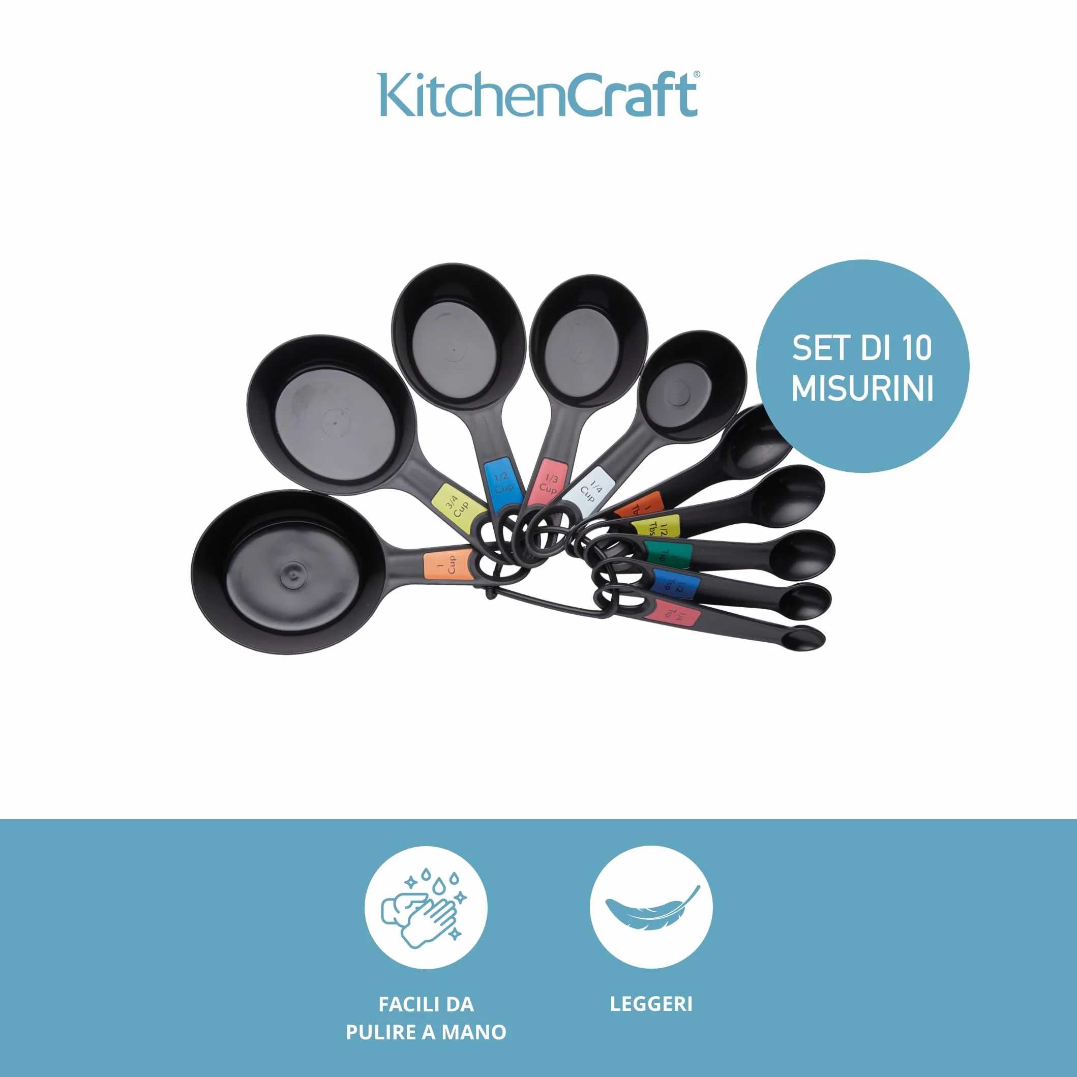 Kitchen Craft Set di 10 Misurini in Plastica a Forma di Cucchiaio, Silicone, Multicolore