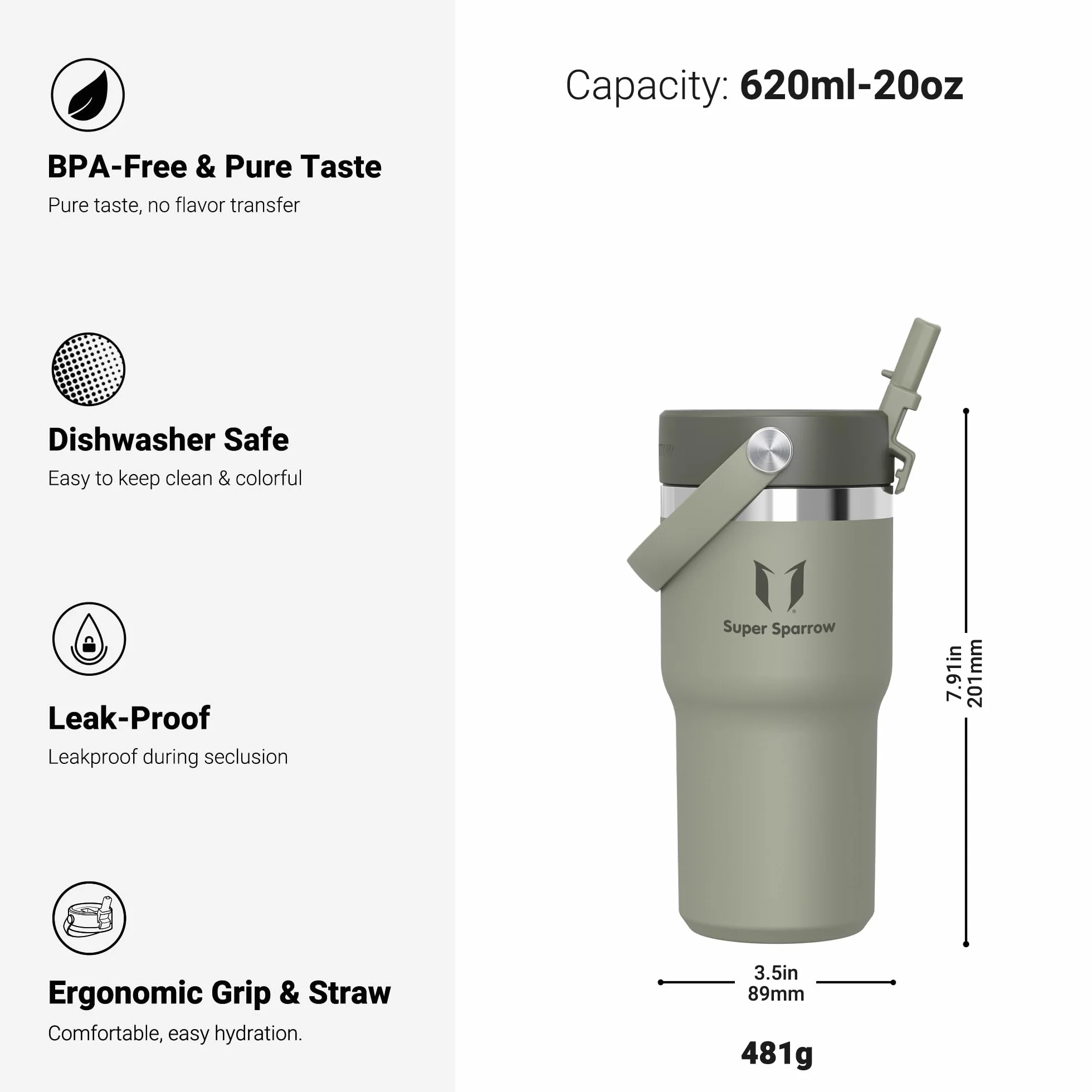 Sparrow Borraccia Termica 620ml 900ml 1.2L Twistpath Tappo Flex Cannuccia Senza BPA Inox Portabevande