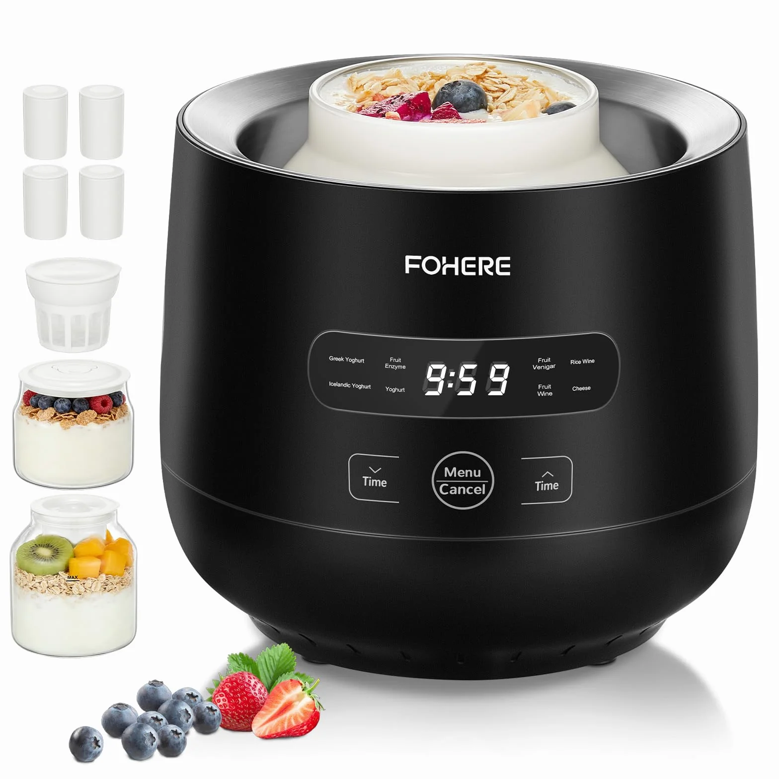 FOHERE Yogurtiera Elettrica con 2 XXL Vasetti da 2000 ml e 1400 ml, 4 * 125 ml Contenitori con Coperchio, 8 Programmi Preimpostati, Accessori per Yogurt Greco, Timer Digitale, 100% BPA Free