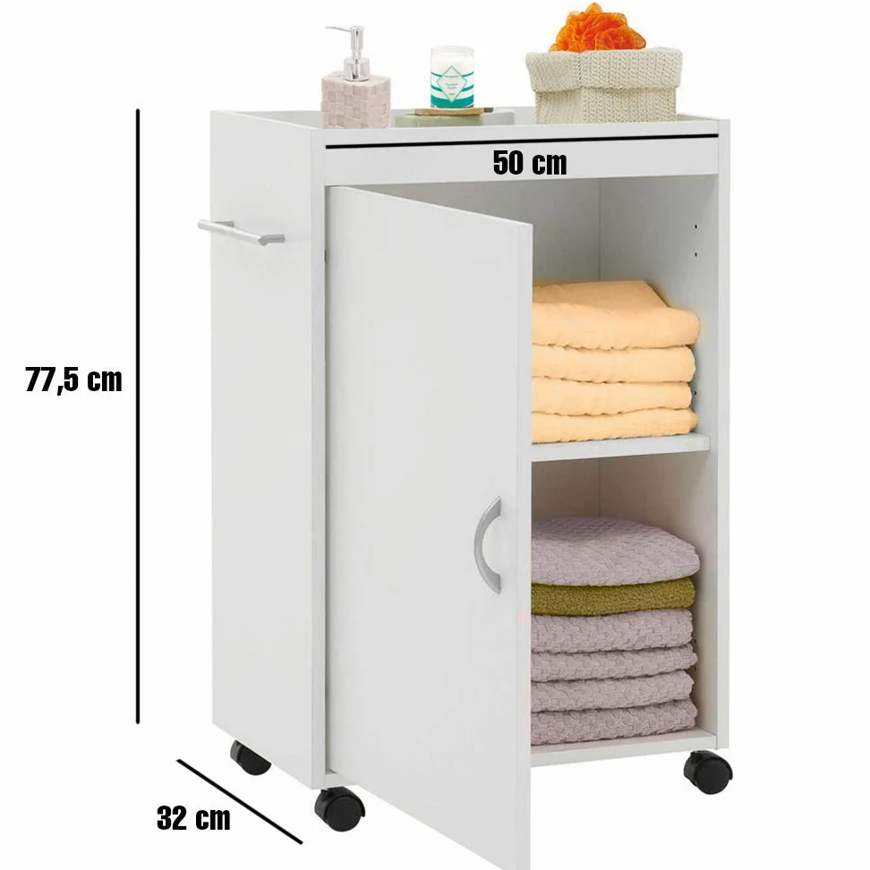 BAKAJI Carrello Bagno Cucina in Legno MDF con Anta 3 Ripiani e 4 Ruote Girevoli Dimensioni: 50 x 32 x 77,5 cm Mobiletto Trolley Salvaspazio Colore Bianco