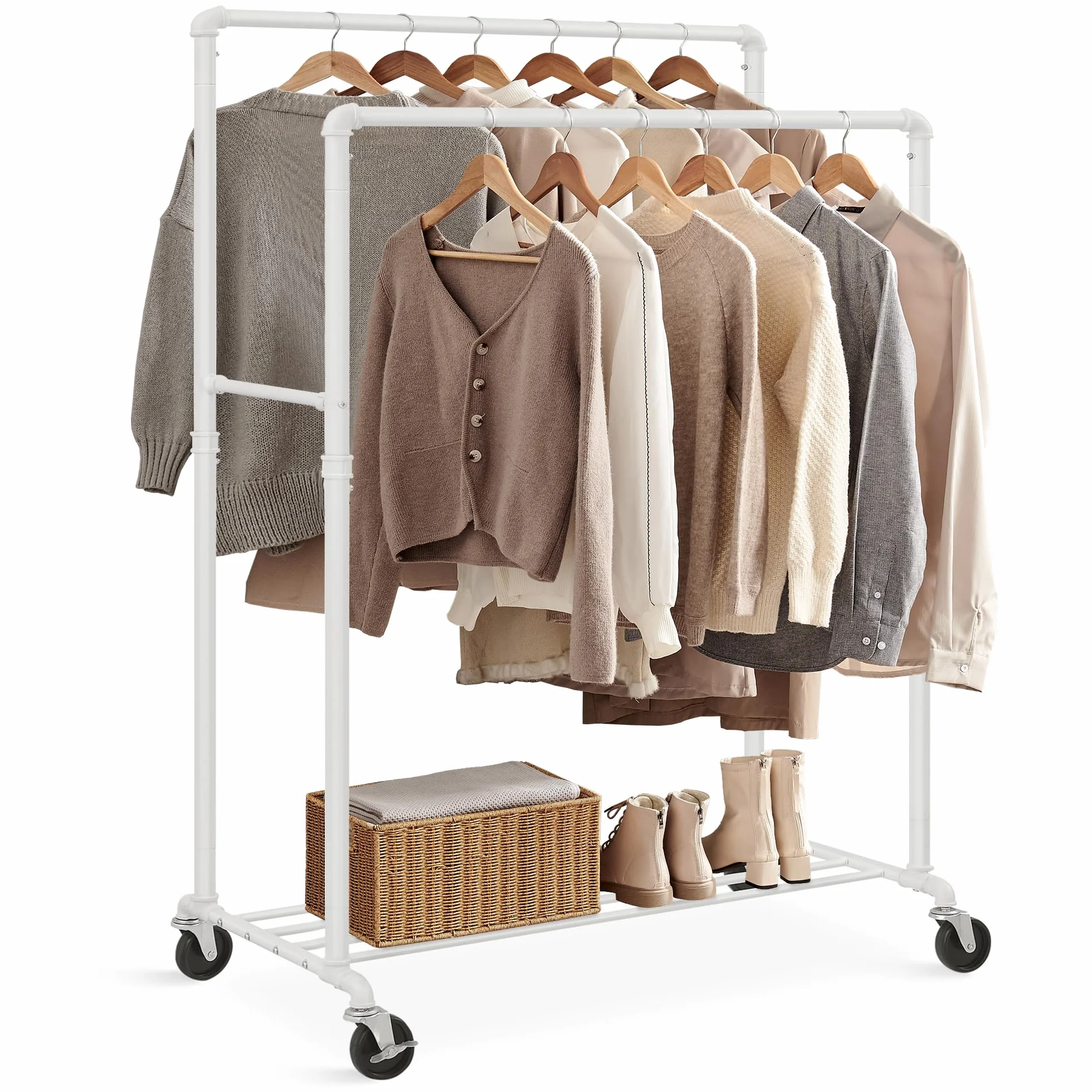 SONGMICS Stand Appendiabiti a Doppia Barra, Struttura in Metallo, 59 x 100 x 162 cm, con Ripiano Portaoggetti e Rotelle, 2 Ruote con Freni, Portata fino a 110 kg, Bianco HSR060W01